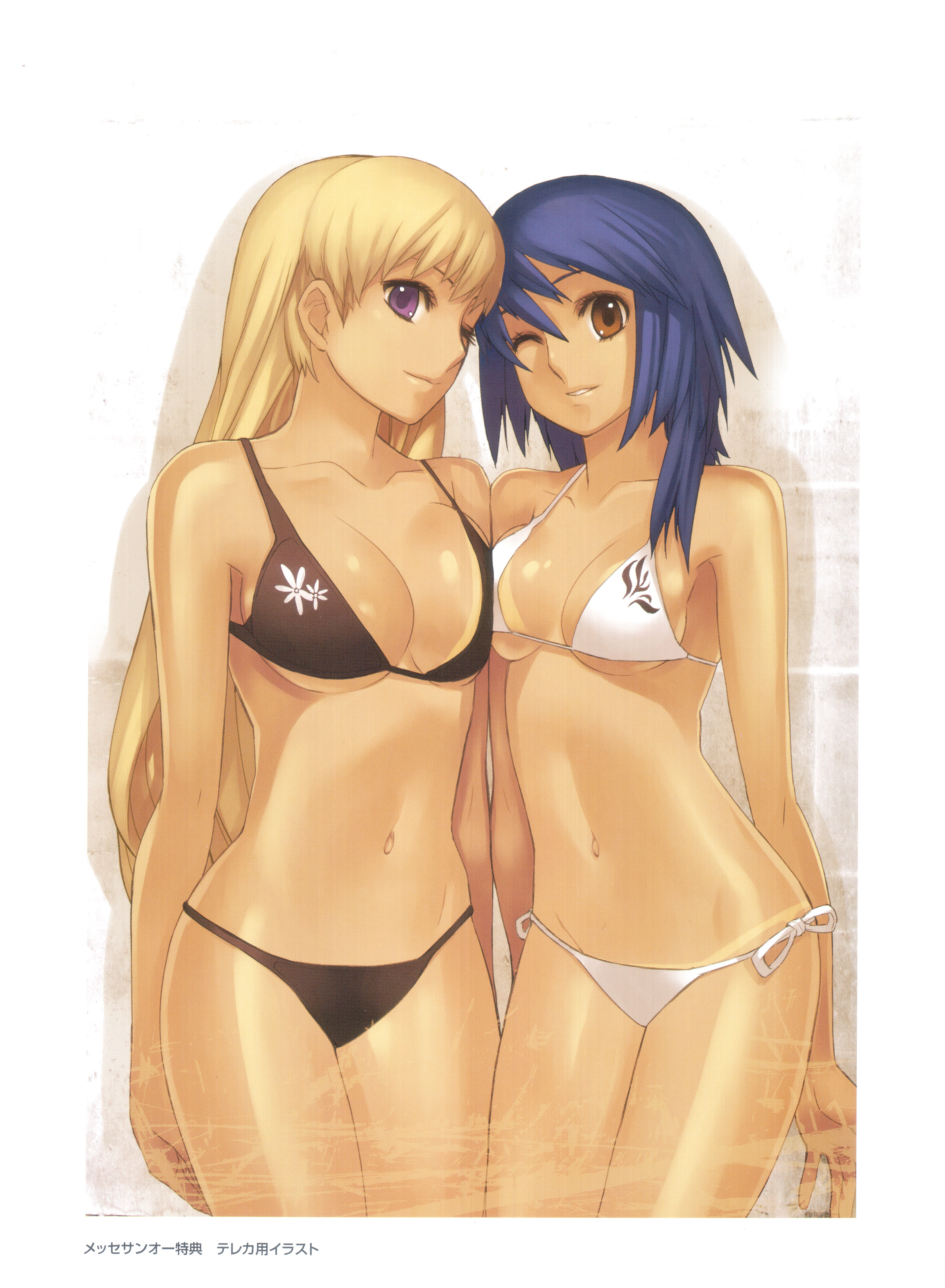 nagi ryou, chroche latel pastalie, luca truelywaath, ar tonelico, ar tonelico ii, gust, absurdres, highres, official art, scan, scan artifacts, 00s, 2girls, arms behind back, asymmetrical docking, asymmetrical hair, bikini, bikini tan, black bikini, blonde hair, blue hair, breast press, breasts, brown eyes, cleavage, cowboy shot, floral print, forehead-to-forehead, grin, groin, hair between eyes, hair over shoulder, heads together, large breasts, light smile, long hair, looking at viewer, lowleg, lowleg bikini, multiple girls, navel, one eye closed, print bikini, purple eyes, shiny skin, short hair, side-tie bikini bottom, smile, standing, string bikini, swimsuit, tan, tanline, underboob, very long hair, white bikini, wink