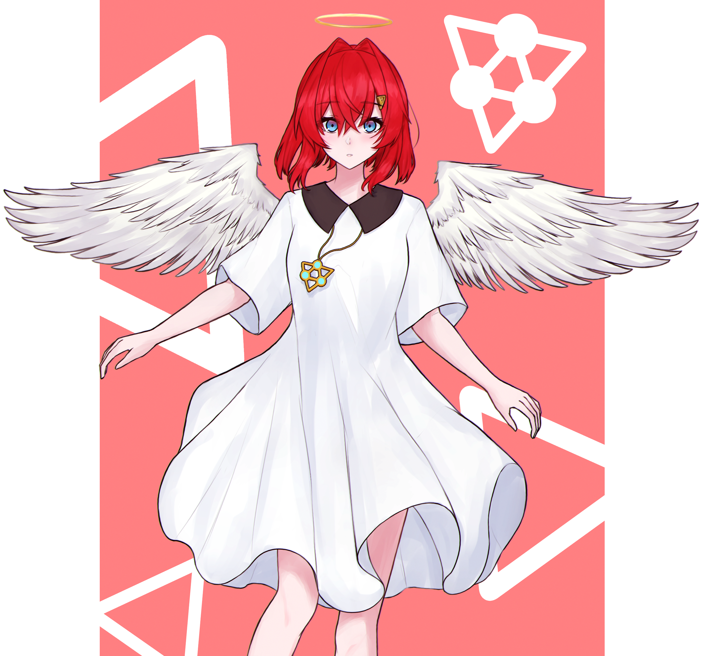 ange katrina, nijisanji, absurdres, commentary, highres, 1girl, angel, angel wings, blue eyes, blush, breasts, collared dress, crossed bangs, dress, eyelashes, feathered wings, feet out of frame, gold pendant, hair behind ear, hair intakes, hair ornament, halo, inari ito, looking at viewer, medium dress, medium hair, outside border, parted lips, pillarboxed, pink background, puritan collar, red hair, short sleeves, small breasts, solo, straight-on, traditional halo, triangle hair ornament, virtual youtuber, white dress, white wings, wings, yellow halo