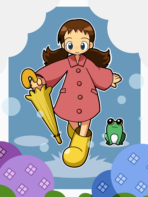 amazake (manuke no oukoku), original, bad source, 1girl, anime coloring, ankle boots, aqua flower, black eyes, blue border, blue eyes, blush, boots, border, brown hair, bush, buttons, closed mouth, closed umbrella, coat, collared coat, colored sclera, flower, frog, full body, holding, holding umbrella, long hair, long sleeves, no nose, outline, pocket, purple flower, rain, raincoat, red coat, red sleeves, rubber boots, sidelocks, simple background, smile, splashing, twintails, umbrella, walking, walking towards viewer, white border, white outline, wing collar, yellow sclera