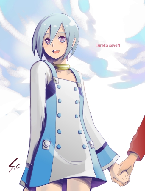 chiba sadoru, sencha, eureka (eureka seven), eureka seven, eureka seven (series), 00s, 1girl, blue hair, choker, dress, holding hands, purple eyes, raglan sleeves, short hair, smile, solo focus