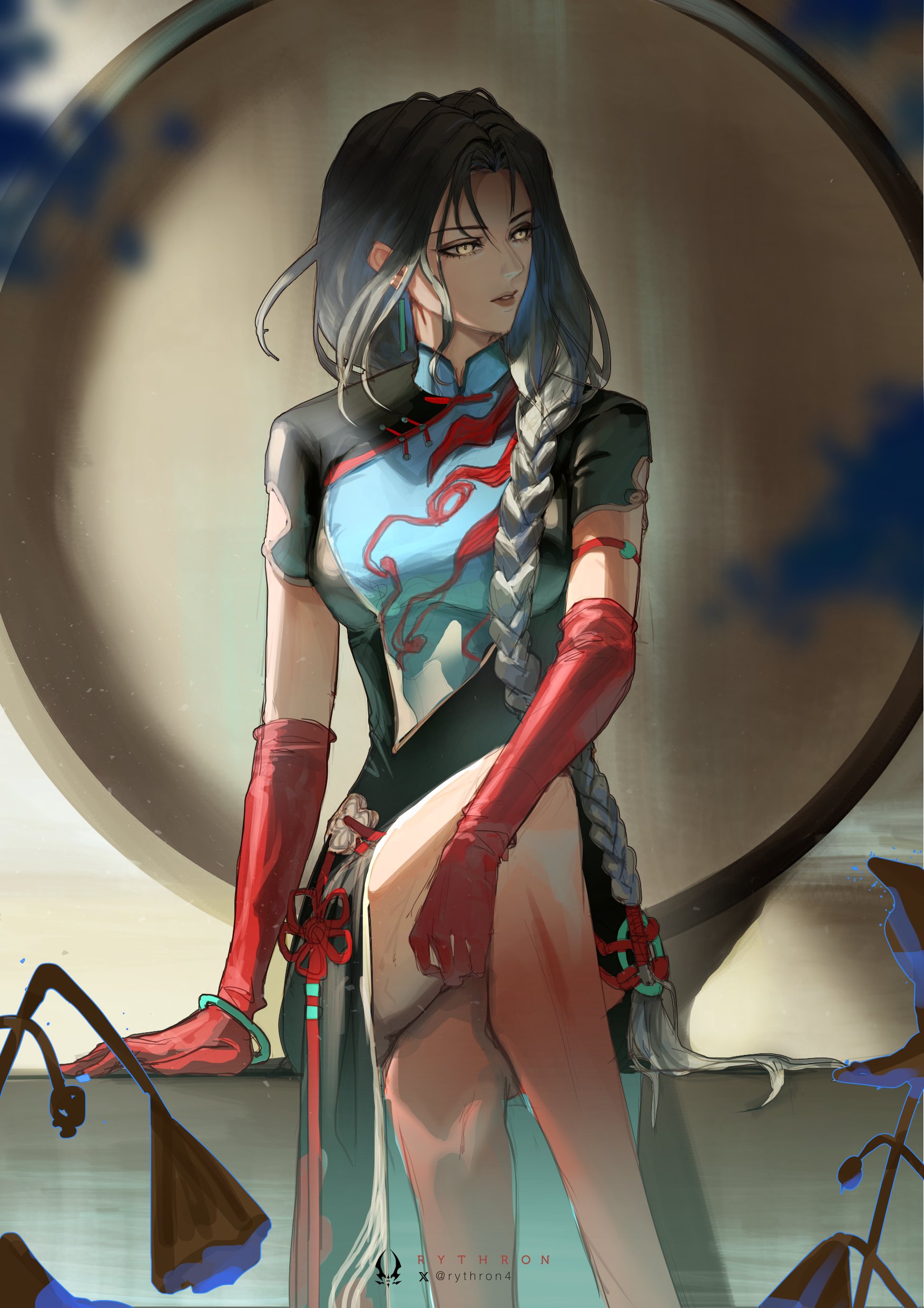 rythron4, angell (path to nowhere), path to nowhere, absurdres, commentary, english commentary, highres, 1girl, armlet, artist logo, artist name, black dress, black hair, blue dress, blurry, blurry foreground, bracelet, braid, china dress, chinese clothes, crossed legs, dress, earrings, elbow gloves, feet out of frame, forehead, gloves, gradient hair, hair over one eye, jade bracelet, jewelry, logo, long hair, looking to the side, lotus pod, mandarin collar, multicolored dress, multicolored hair, official alternate costume, parted bangs, red gloves, red thighhighs, round window, short sleeves, sitting, solo, thighhighs, twitter username, very long hair, white hair, wilted flower, window, yellow eyes