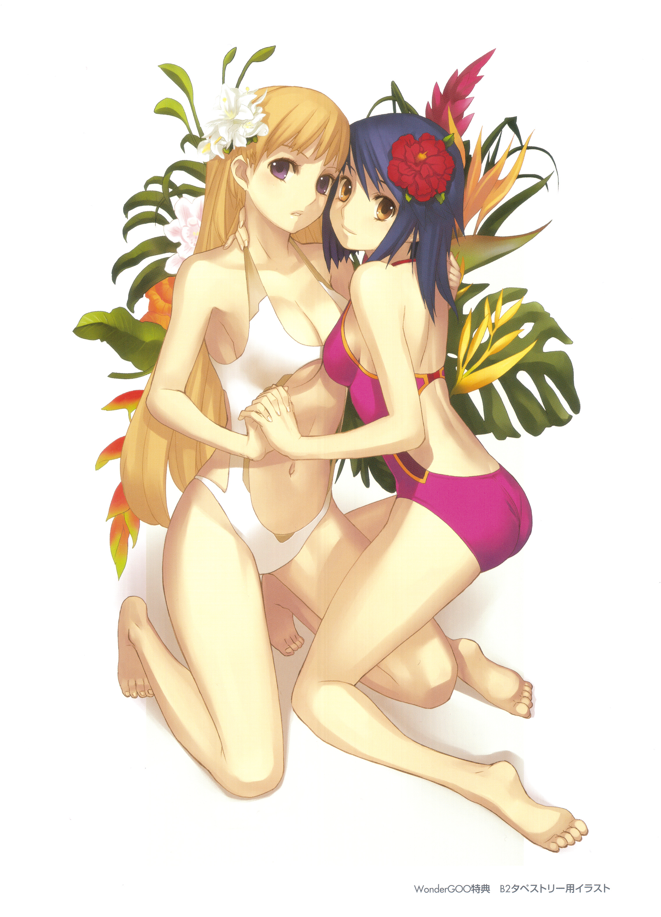 nagi ryou, chroche latel pastalie, luca truelywaath, ar tonelico, ar tonelico ii, gust, absurdres, highres, official art, 2girls, ass, asymmetrical docking, blonde hair, blue hair, breast press, breasts, casual one-piece swimsuit, cleavage, feet, flower, hair flower, hair ornament, halterneck, holding hands, hug, interlocked fingers, kneeling, legs, long hair, looking back, moire, multiple girls, navel, one-piece swimsuit, purple eyes, smile, swimsuit, symmetrical docking, yellow eyes