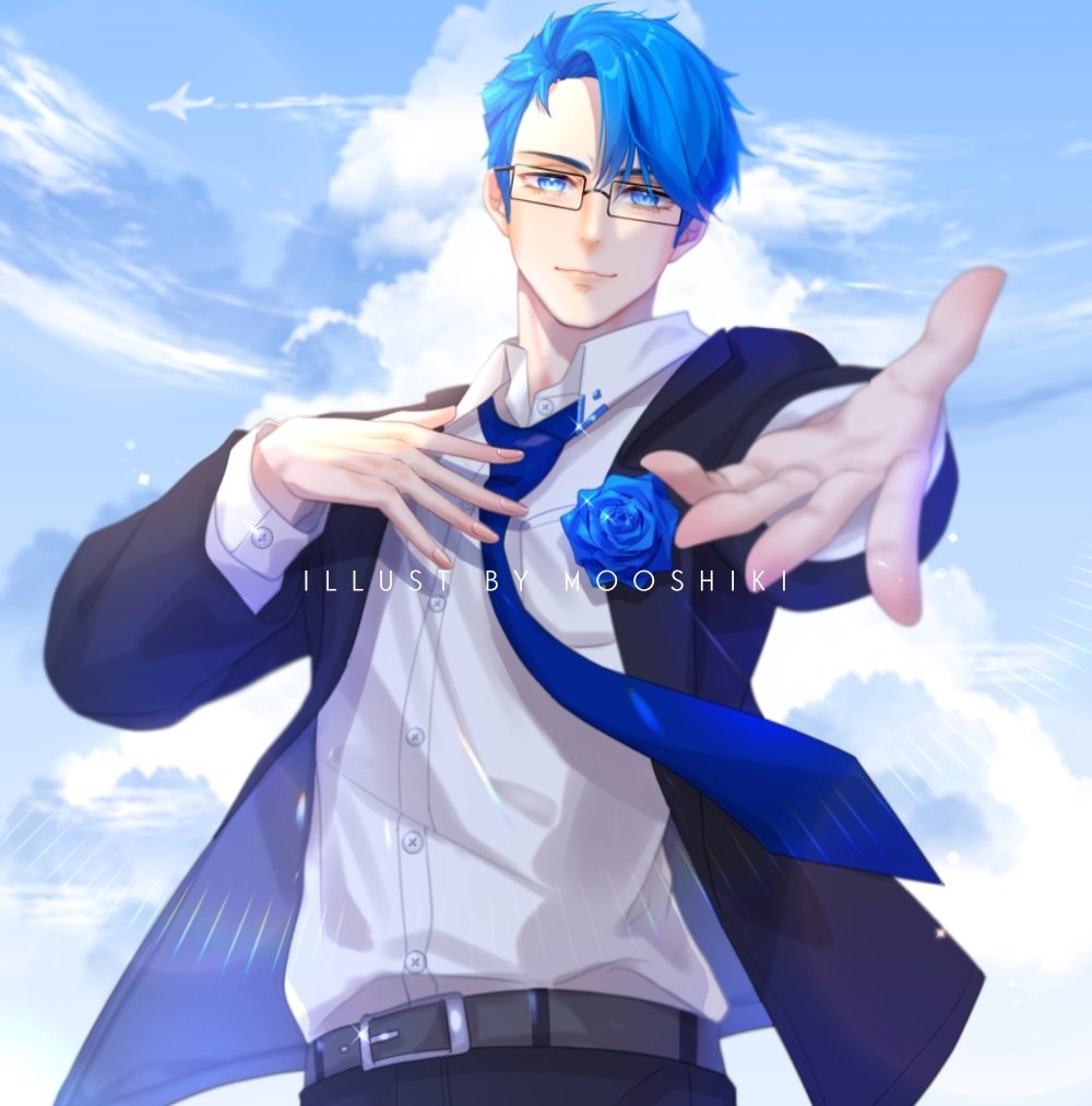original, commentary, english commentary, 1boy, artist name, asymmetrical bangs, belt, belt buckle, black jacket, blue eyes, blue flower, blue hair, blue necktie, blue rose, buckle, buttons, closed mouth, cloud, collared shirt, cowboy shot, cumulonimbus cloud, day, flower, glasses, grey belt, jacket, long sleeves, looking at viewer, male focus, mooshiki, necktie, open clothes, open hand, open jacket, outdoors, outstretched hand, rectangular eyewear, rose, shirt, short hair, sky, smile, solo, white shirt