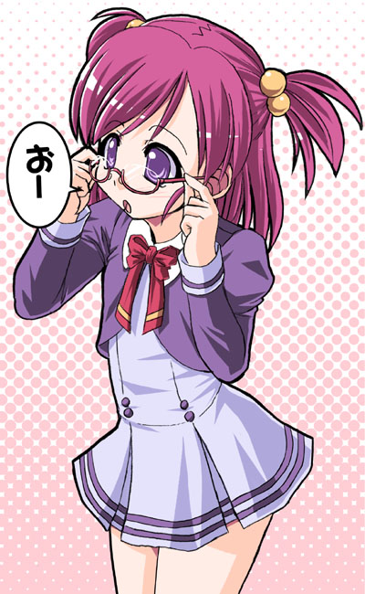 tonpuu, yumehara nozomi, precure, yes! precure 5, 00s, 1girl, female focus, glasses, hair bobbles, hair ornament, halftone, halftone background, purple skirt, red-framed eyewear, school uniform, semi-rimless eyewear, serafuku, skirt, solo, two side up, under-rim eyewear