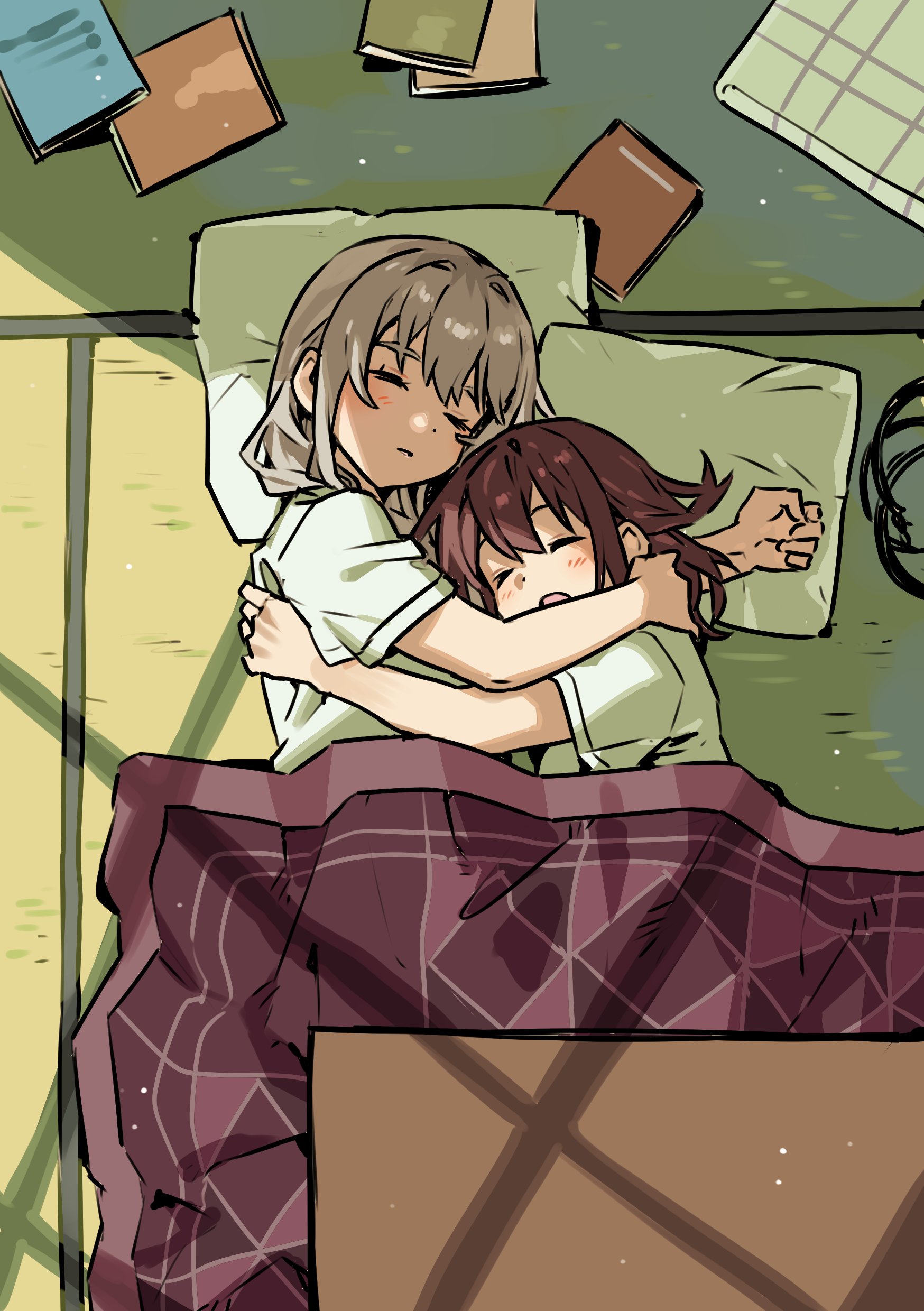 habsida (habsida hpy), iseri nina, kawaragi momoka, girls band cry, absurdres, commentary, highres, 2girls, blush, book, closed eyes, cuddling, from above, grey hair, hair down, kotatsu, light particles, long hair, multicolored hair, multiple girls, on floor, open mouth, pillow, red hair, roots (hair), shirt, short sleeves, sleeping, table, under kotatsu, under table, white shirt, yuri