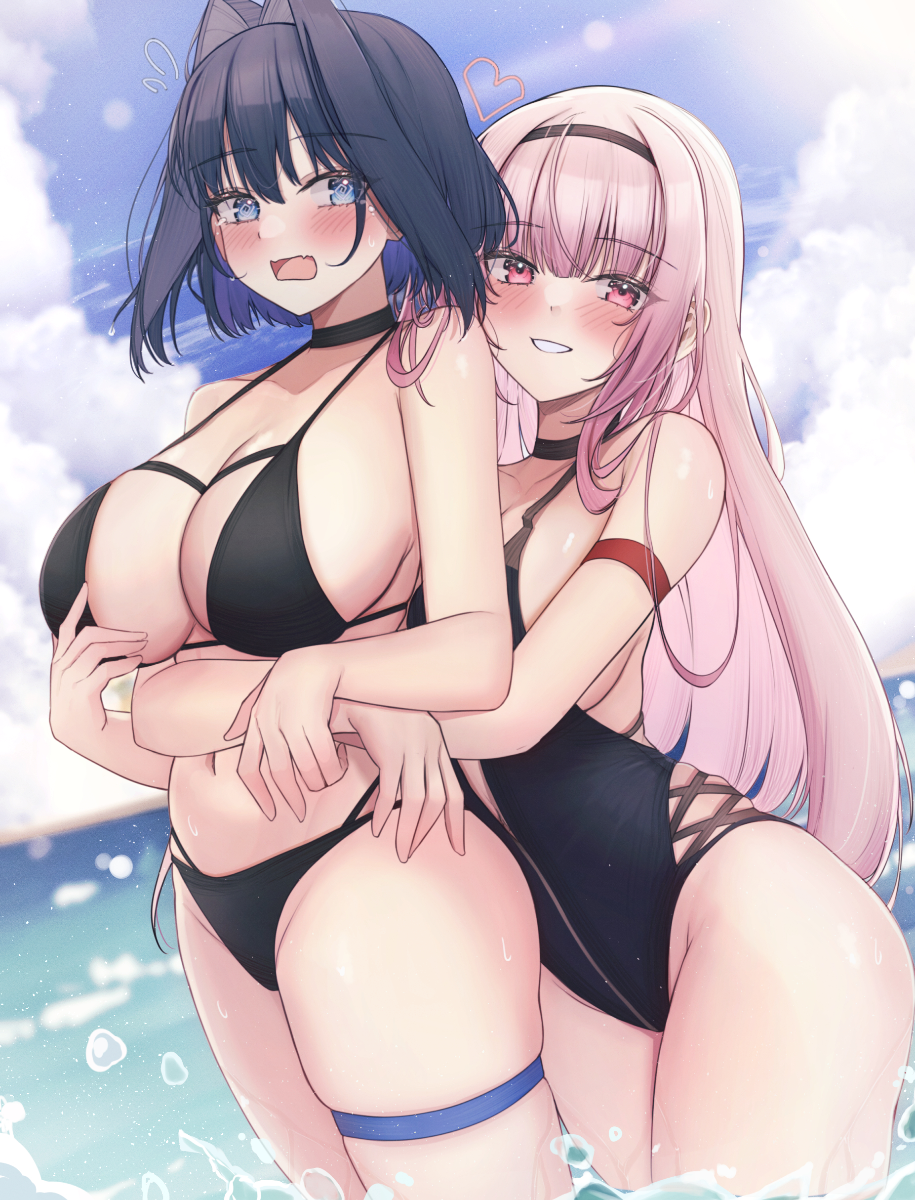 mofu07519, mori calliope, ouro kronii, hololive, hololive english, absurdres, commentary, english commentary, highres, 2girls, alternate costume, arm around waist, arm strap, bikini, black bikini, black choker, black one-piece swimsuit, blue eyes, blue hair, blue sky, blunt bangs, breasts, casual one-piece swimsuit, choker, cloud, colored inner hair, cross-laced clothes, cross-laced one-piece swimsuit, day, fanged bangs, flustered, grin, hair flaps, hair intakes, large breasts, long hair, looking at viewer, multi-strapped bikini bottom, multicolored hair, multiple girls, navel, ocean, one-piece swimsuit, outdoors, pink eyes, pink hair, short hair, sidelocks, sky, smile, stomach, swimsuit, thigh strap, virtual youtuber, yuri