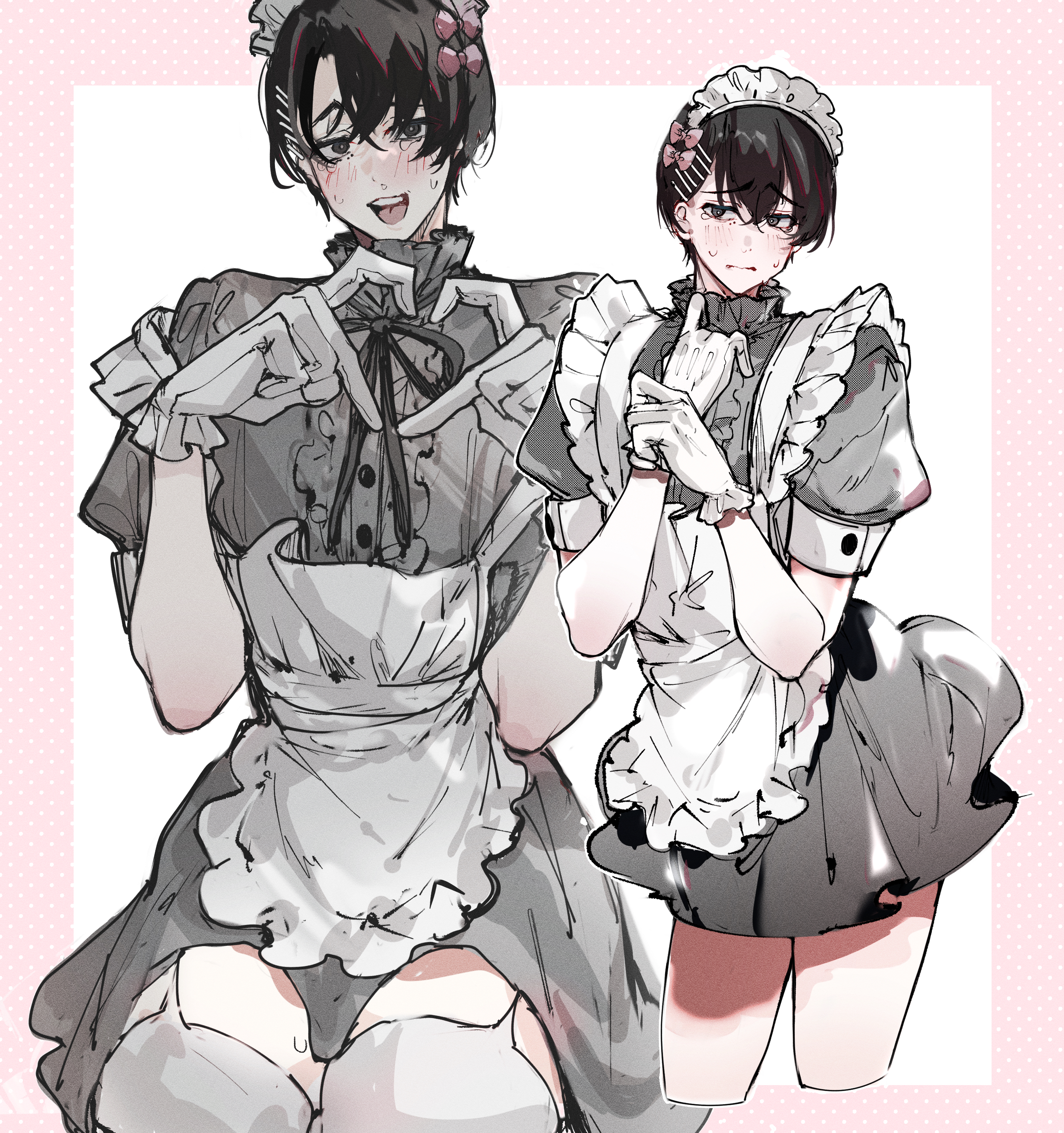 imamiya pinoko, higashiyama nobana, chainsaw man, absurdres, highres, 1boy, apron, black hair, crossdressing, crossdressing (mtf), embarrassed, gloves, heart, maid, maid apron, maid headdress, male focus, male maid, short hair, simple background, sketch, smile, solo, speech bubble, thighhighs, trap, white gloves