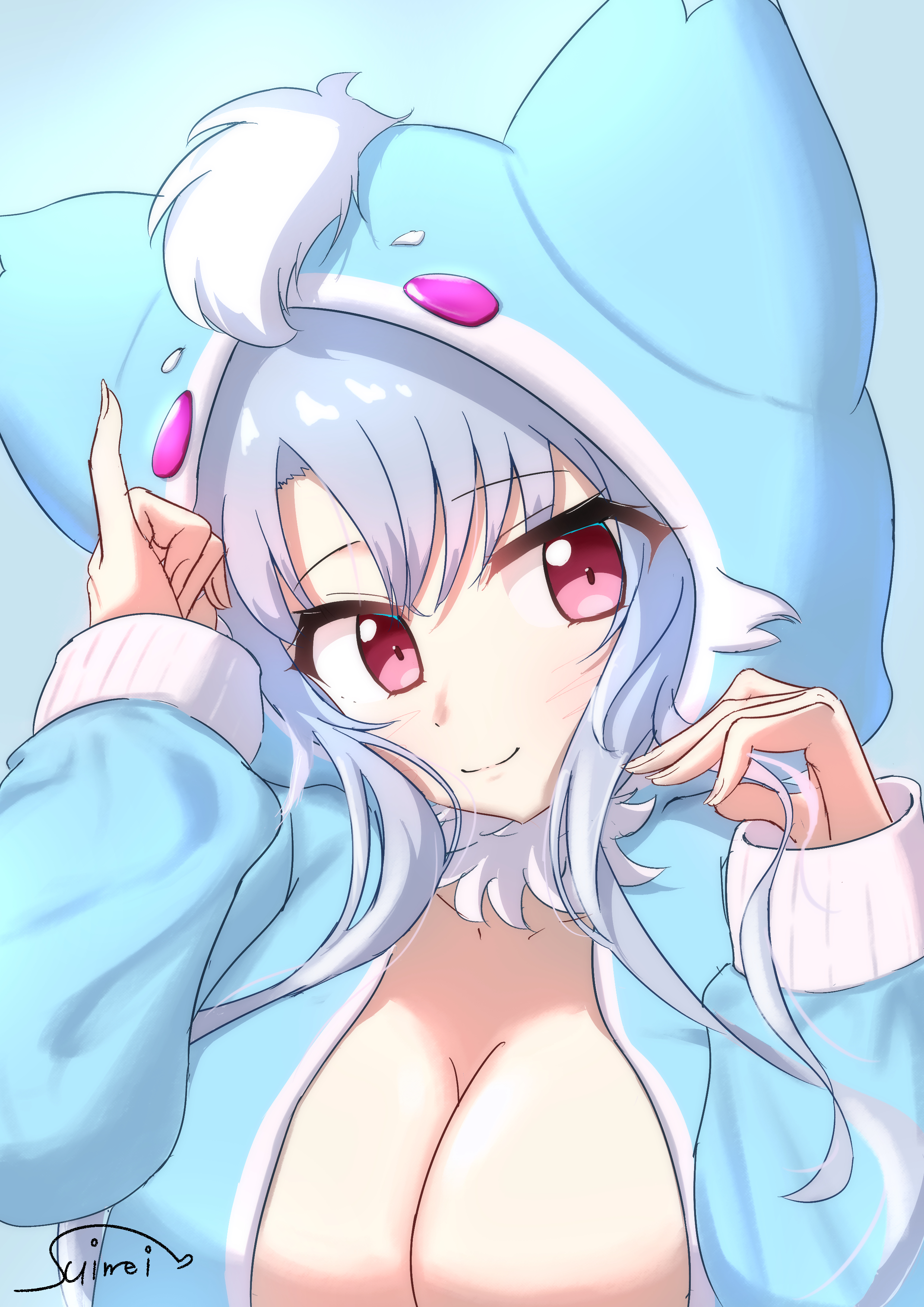 suimei (ramebi3), sorakado ao, summer pockets, absurdres, commentary, highres, 1girl, alternate costume, animal ear hood, animal ears, blue background, blue hair, blue hoodie, blush, breasts, character costume, cleavage, closed mouth, eyes visible through hair, fake animal ears, fox ears, hair between eyes, hands up, hood, hood up, hoodie, inari (summer pockets), large breasts, long hair, long sleeves, looking at viewer, open clothes, open hoodie, pinky out, red eyes, signature, simple background, smile, solo, split mouth, upper body