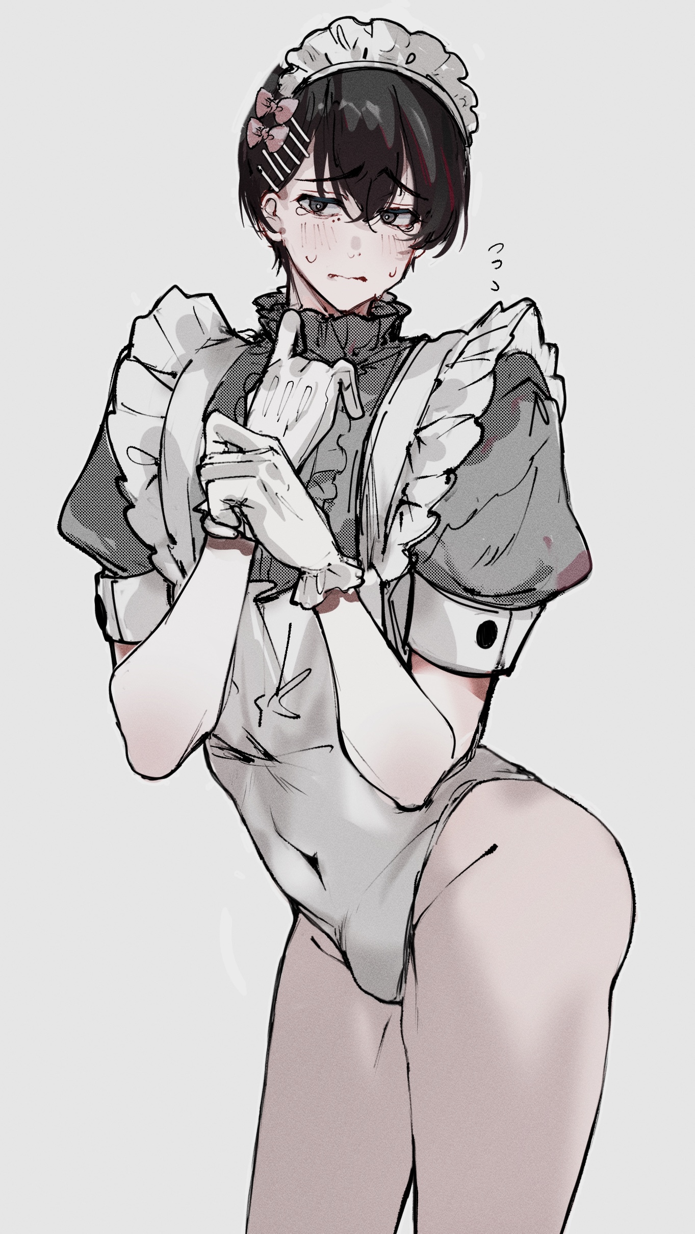 imamiya pinoko, higashiyama nobana, chainsaw man, absurdres, highres, 1boy, apron, black hair, bulge, crossdressing, crossdressing (mtf), embarrassed, flying sweatdrops, gloves, maid, maid apron, maid headdress, male focus, male maid, no pants, short hair, simple background, solo, tears, trap, white gloves