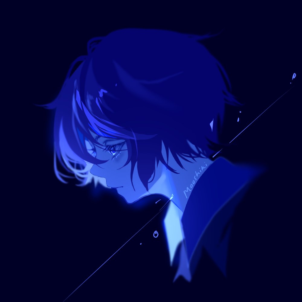 original, hashtag-only commentary, 1boy, artist name, blue background, blue eyes, blue hair, blue theme, choppy bangs, closed mouth, expressionless, from side, male focus, monochrome, mooshiki, profile, short hair, simple background, solo, upper body