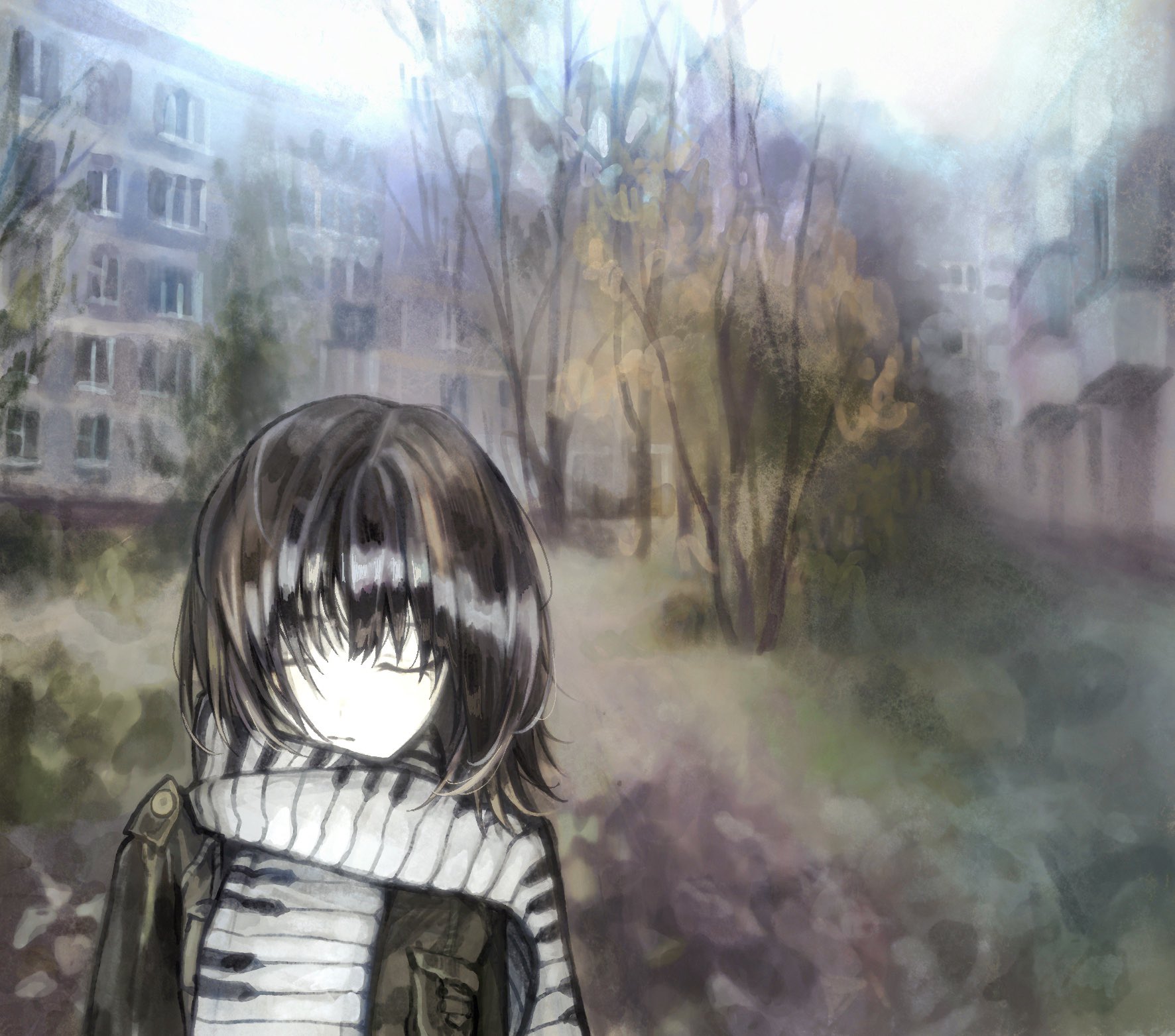 gd783hhh, original, highres, 1girl, apartment, black hair, black jacket, closed eyes, closed mouth, expressionless, jacket, outdoors, scarf, short hair, solo, tree, upper body, white scarf