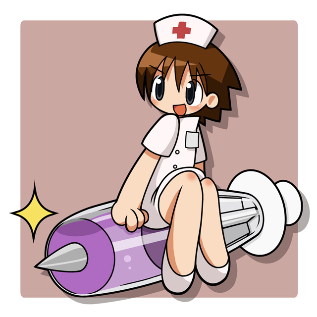 amazake (manuke no oukoku), original, bad source, 1girl, :d, anime coloring, blush, border, brown background, brown hair, buttons, coat, cross, drop shadow, flats, full body, grey eyes, hat, knee blush, large syringe, legs together, medium hair, name tag, no nose, nurse cap, open mouth, oversized object, plus sign, plus sign print, print hat, purple liquid, red cross, shoes, short sleeves, simple background, sitting, smile, solo, sparkle, syringe, tongue, v-shaped eyebrows, white border, white coat, white shoes, white sleeves