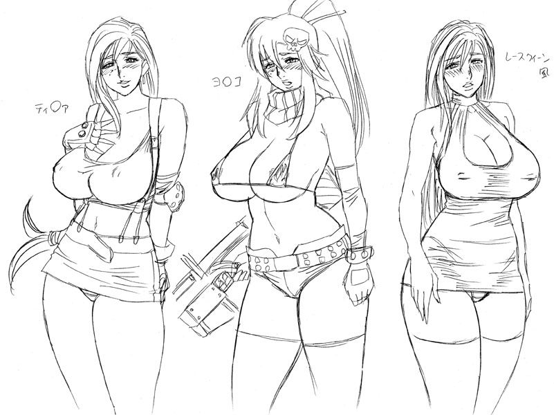 tatsunami youtoku, tifa lockhart, yoko littner, final fantasy, final fantasy vii, tengen toppa gurren lagann, character request, partially translated, translation request, 3girls, breasts, cleavage, cosplay, covered erect nipples, cowboy shot, crossover, greyscale, huge breasts, long hair, mole, monochrome, multiple girls, thighhighs, very long hair