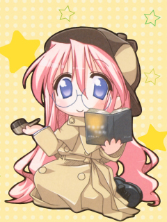 takara miyuki, lucky star, lowres, 00s, blue eyes, book, chibi, detective, glasses, hat, holding, holding smoking pipe, pink hair, qvga, smoking pipe