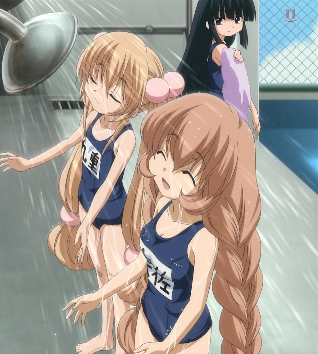 kagami kuro, kokonoe rin, usa mimi, kodomo no jikan, light brown hair, anime screenshot, 00s, 3girls, bandaid, bandaid on knee, bandaid on leg, black hair, braid, breasts, brown hair, chain-link fence, child, cleavage, closed eyes, feet, fence, hair bobbles, hair ornament, long hair, multiple girls, name tag, one-piece swimsuit, oppai loli, pool, poolside, school swimsuit, showering, small breasts, smile, standing, swimsuit, towel, wet
