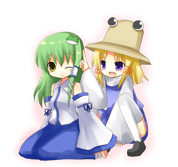yuzuki (yuduame), kochiya sanae, moriya suwako, touhou, 2girls, female focus, hat, multiple girls, thighhighs