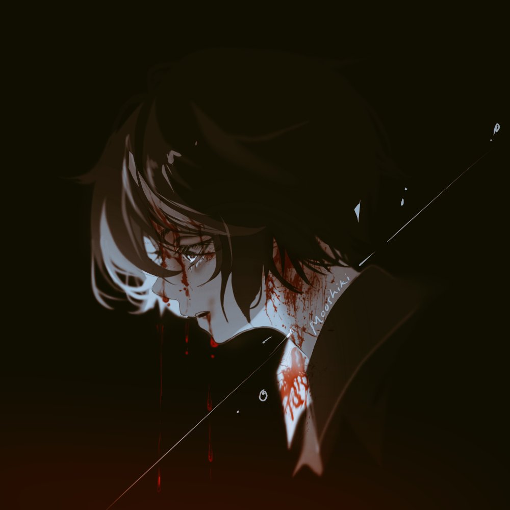 original, 1boy, artist name, black background, black hair, blood, blood drip, blood from mouth, blood in hair, blood on face, choppy bangs, expressionless, from side, grey eyes, male focus, mooshiki, parted lips, profile, short hair, simple background, solo, upper body