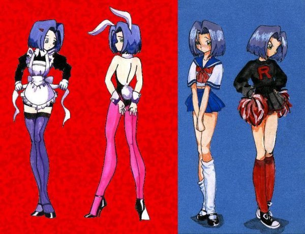 james (pokemon), nintendo, pokemon, 1boy, animal ears, apron, blue background, blue hair, cheerleader, crossdressing, crossdressing (mtf), fake animal ears, high heels, kneehighs, leotard, maid, mary janes, pantyhose, playboy bunny, pleated skirt, pom pom (cheerleading), rabbit ears, rabbit tail, red background, school uniform, serafuku, shoes, short hair, simple background, skirt, sneakers, socks, tail, team rocket, thighhighs, trap, wrist cuffs