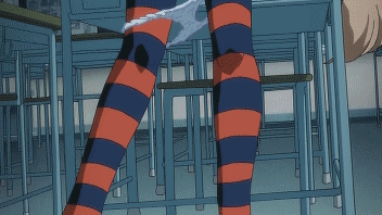 kokonoe rin, kodomo no jikan, animated, animated gif, anime screenshot, lowres, 00s, 1girl, blonde hair, female focus, loli, panties, panty pull, school uniform, serafuku, solo, striped clothes, striped thighhighs, thighhighs, twintails, underwear