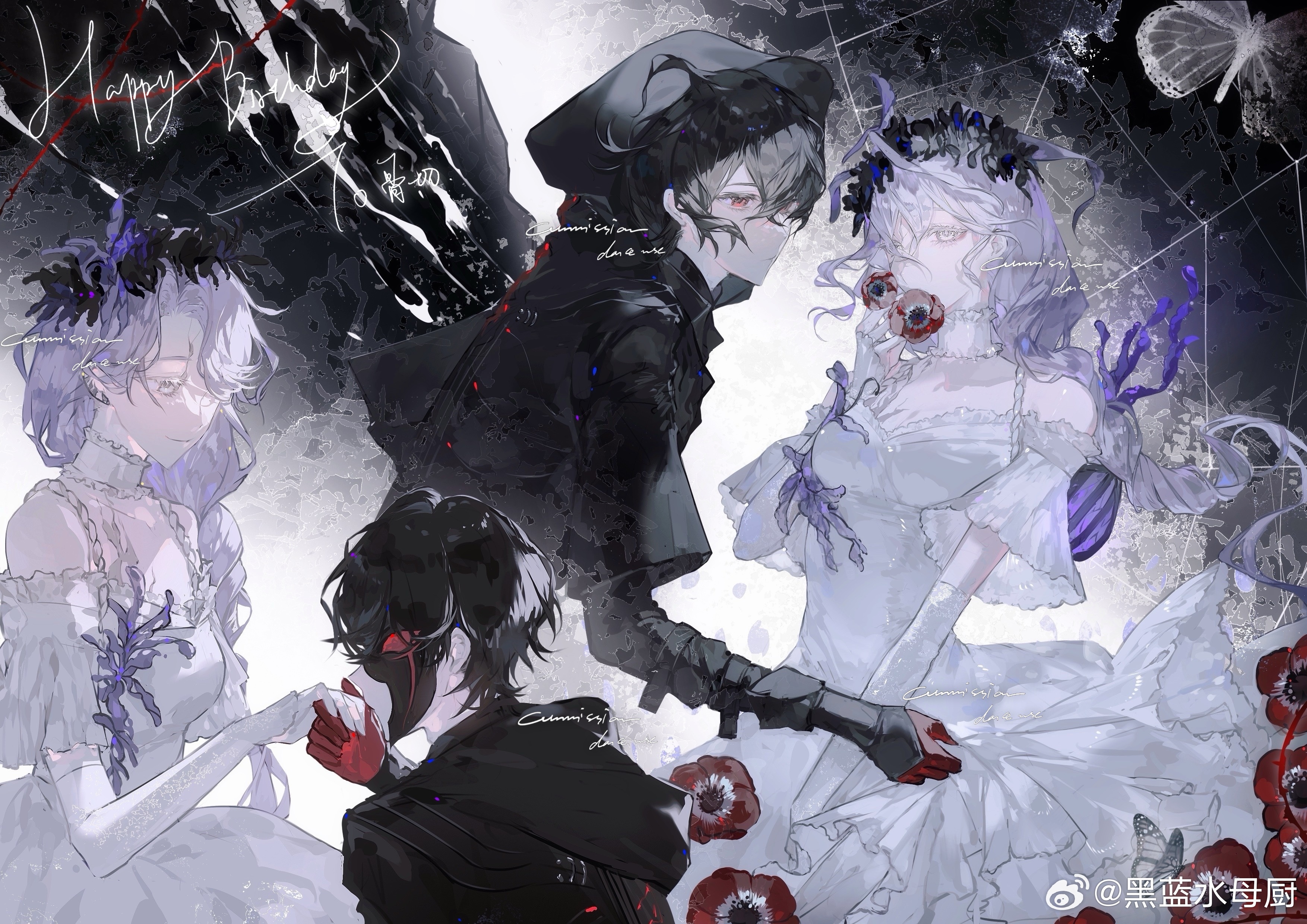 original, absurdres, highres, bare shoulders, black hair, braid, bug, butterfly, capelet, choker, dress, elbow gloves, frilled choker, frills, gloves, hair ornament, heilanshuimuchu, holding hands, hood, hood up, insect, long hair, mask, multiple girls, multiple views, red eyes, red gloves, white dress, white gloves, white hair