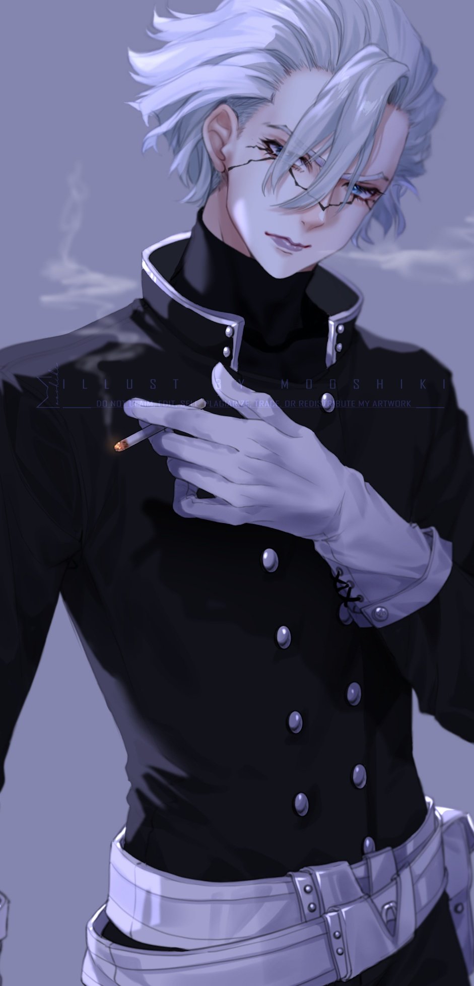 dr. stone, hashtag-only commentary, highres, 1boy, artist name, asymmetrical bangs, black jacket, black shirt, blue eyes, buttons, cigarette, closed mouth, cowboy shot, double-breasted, gloves, grey background, holding, holding cigarette, jacket, long sleeves, looking at viewer, male focus, mooshiki, purple lips, shirt, short hair, simple background, smoke, smoke trail, solo, stanley snyder (dr.stone), turtleneck, turtleneck shirt, white gloves, white hair