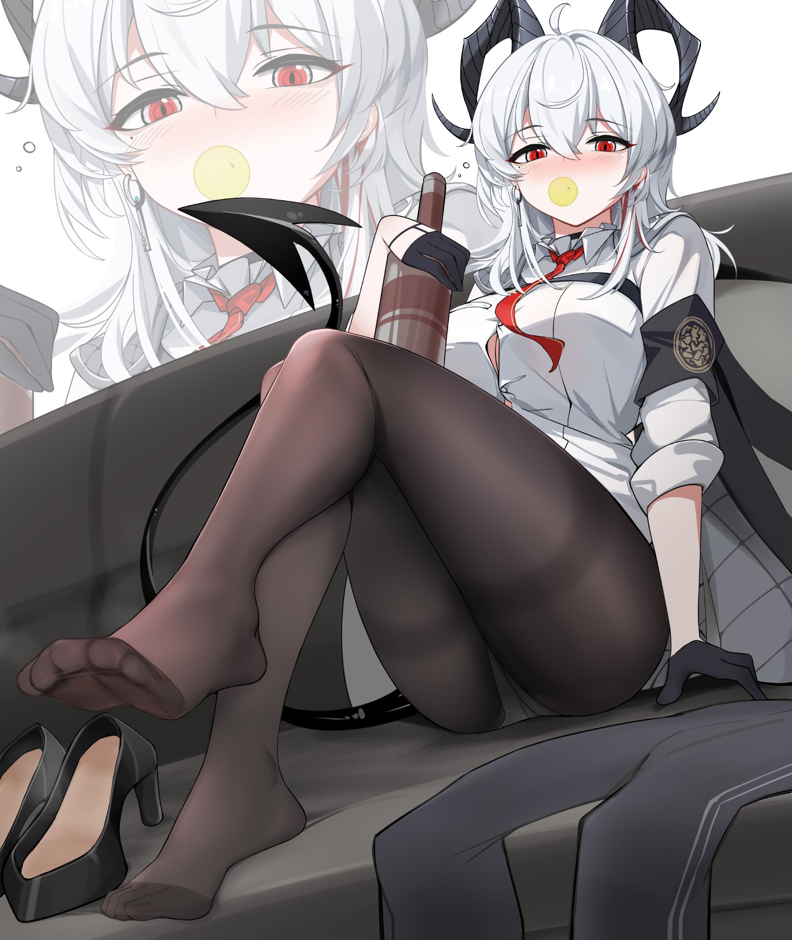 fengqun, zani (wuthering waves), wuthering waves, chinese commentary, commentary request, highres, partial commentary, 1girl, ahoge, black gloves, black horns, black pants, black pantyhose, black shoes, black tail, blowing bubble gum, bottle, breasts, button gap, chest harness, chewing gum, collared shirt, couch, curled horns, demon tail, earrings, gloves, hair between eyes, harness, high heels, holding, holding bottle, horns, jewelry, key earrings, large breasts, long hair, looking at viewer, multicolored hair, necktie, no shoes, on couch, panties, panties under pantyhose, pants, pantyhose, red eyes, red necktie, shirt, shoes, sitting, solo, streaked hair, tail, thighband pantyhose, toes, underwear, unworn pants, unworn shoes, white hair, white panties, white shirt, zoom layer