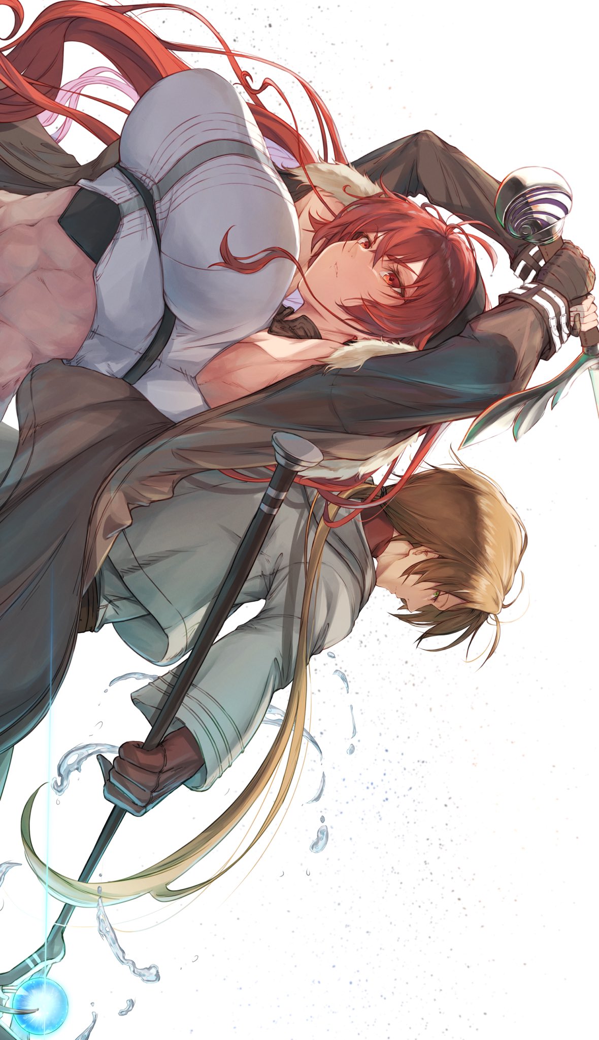 marbo (saico556), eris greyrat, rudeus greyrat, mushoku tensei, highres, 1boy, 1girl, ahoge, brown hair, casting spell, holding, holding staff, holding weapon, husband and wife, jacket, looking at another, mage staff, muscular, muscular female, navel, ponytail, red hair, staff, water, weapon, white background