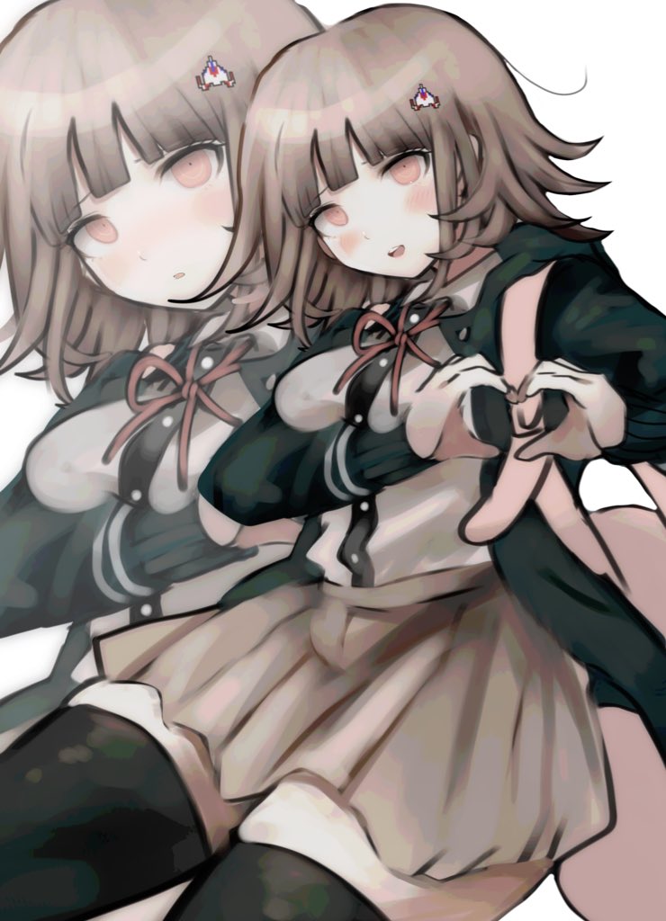 ikemen'na ore-shi, nanami chiaki, danganronpa (series), danganronpa 2: goodbye despair, 1girl, blush, breasts, brown hair, brown skirt, collared shirt, flipped hair, hair ornament, heart, heart hands, jacket, long sleeves, looking at viewer, medium hair, neck ribbon, open clothes, open jacket, pink eyes, pink ribbon, pleated skirt, ribbon, shirt, skirt, solo, thighhighs, two-tone shirt, white shirt