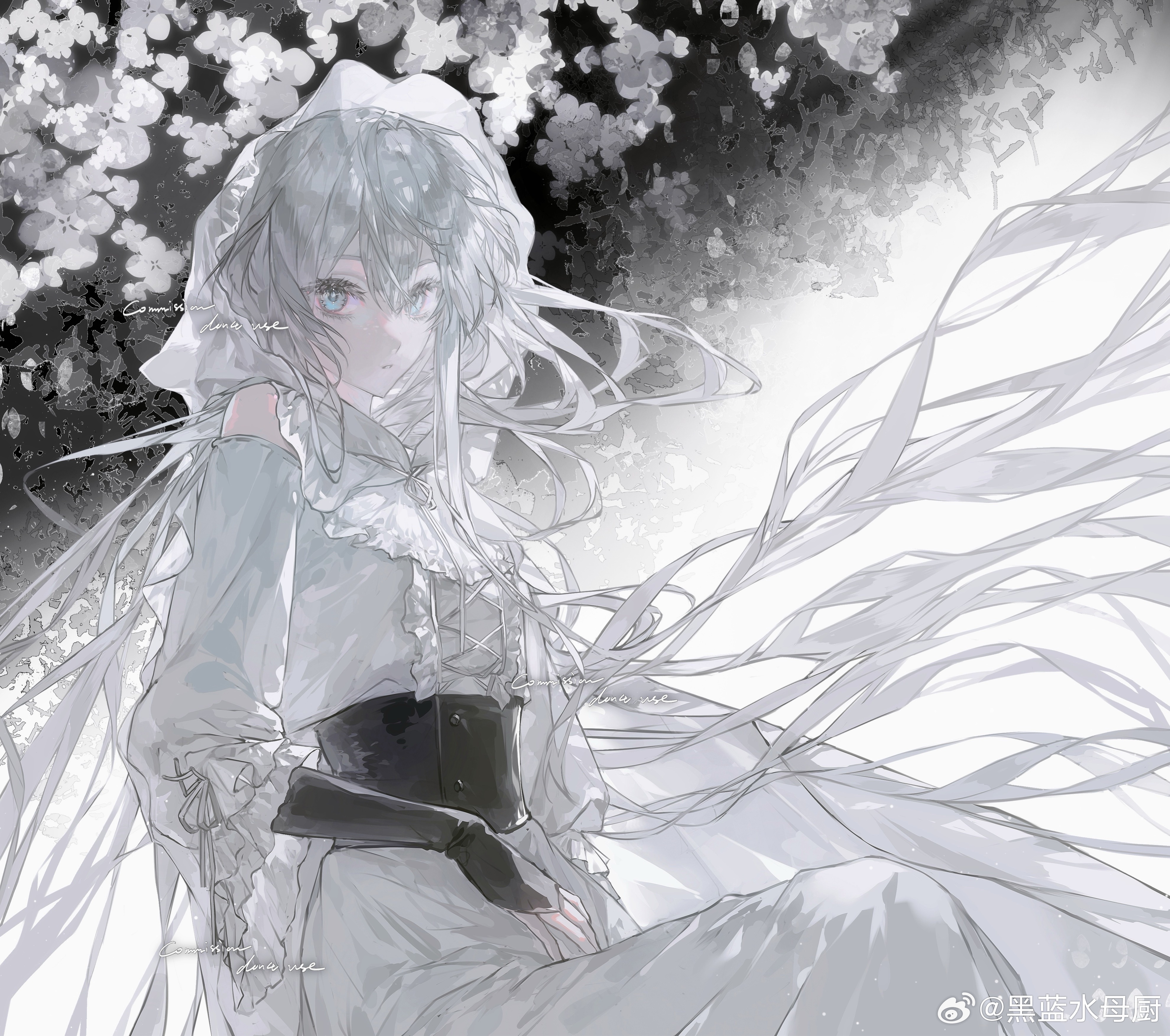 original, absurdres, highres, 1girl, bare shoulders, black gloves, blue eyes, corset, detached sleeves, dress, fingerless gloves, flower, frilled sleeves, frills, gloves, grey eyes, hair between eyes, hair ornament, heilanshuimuchu, hood, long hair, long sleeves, looking at viewer, sitting, solo, veil, very long hair, watermark, weibo username, weibo watermark, white dress, white flower, white hair, white veil