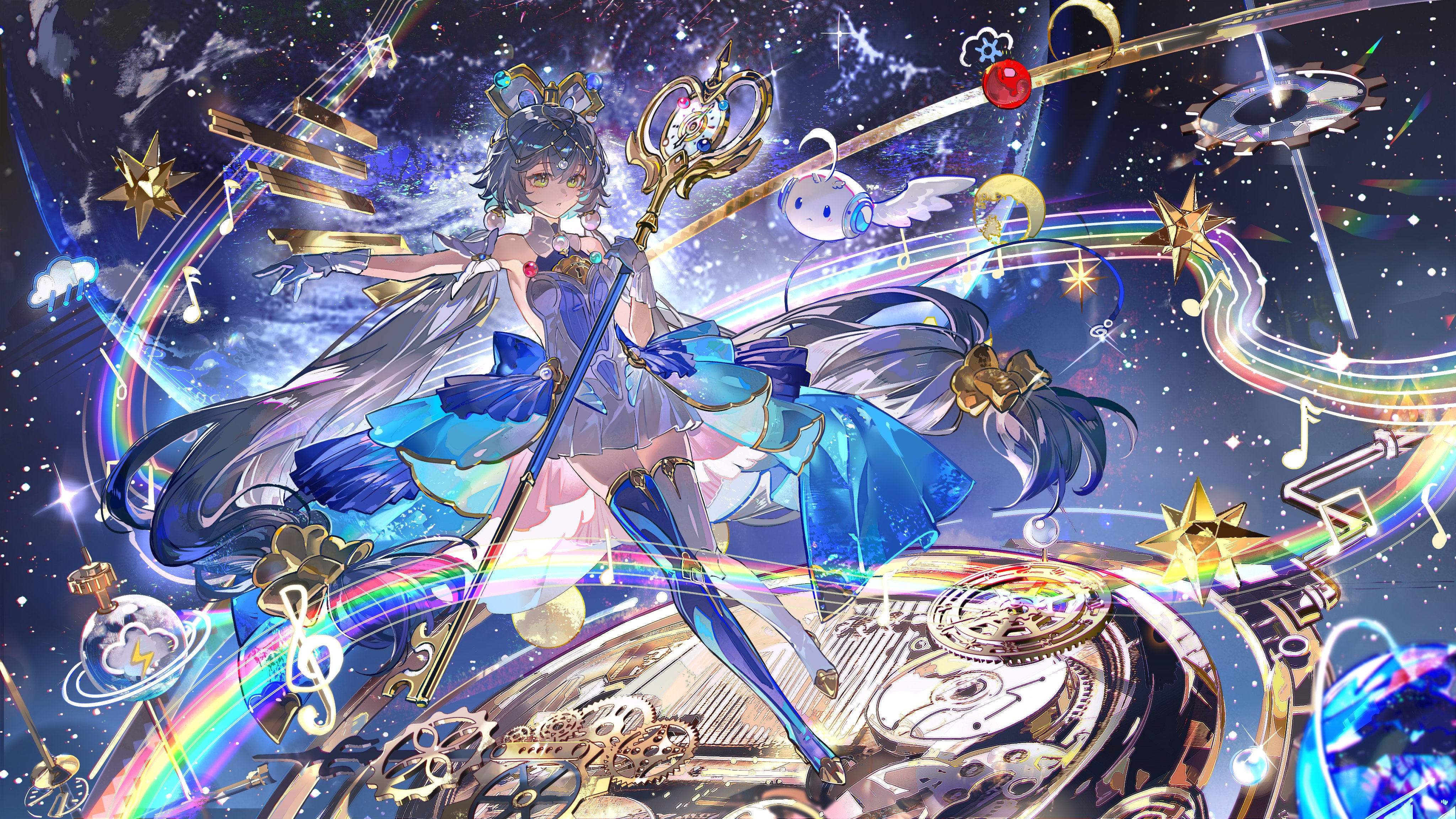 mento, original, absurdres, highres, 1girl, blue hair, blue skirt, blue thighhighs, dress, full body, gears, gradient hair, green eyes, grey hair, hair between eyes, holding, holding staff, long hair, medium skirt, mismatched thighhighs, multicolored hair, night, night sky, parted lips, short dress, skirt, sky, solo, staff, thighhighs, twintails, very long hair, white dress, white thighhighs, zettai ryouiki