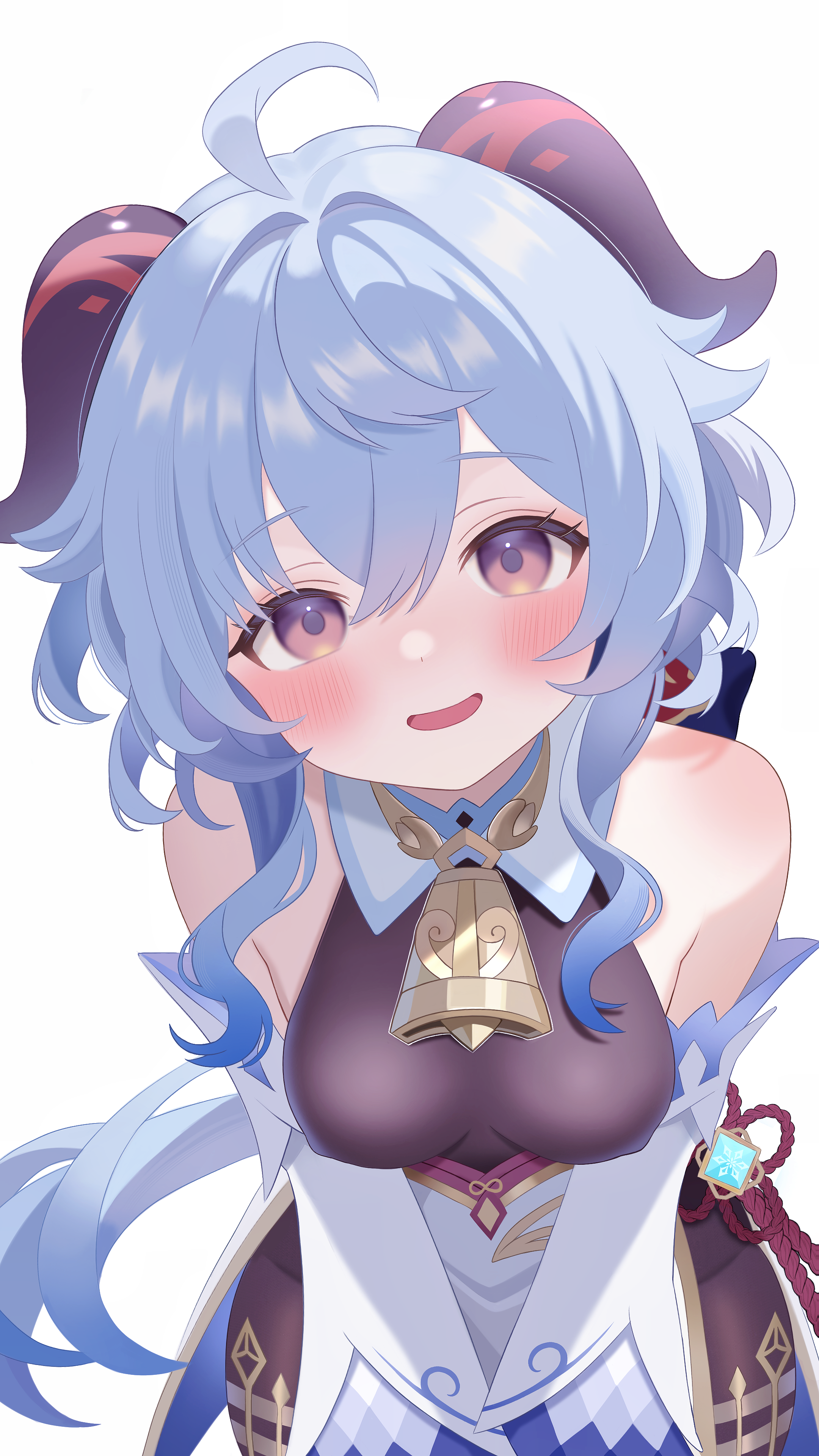 fuminshou (nekopan art), ganyu (genshin impact), genshin impact, absurdres, highres, 1girl, ahoge, bare shoulders, bell, blue hair, blush, breasts, covered erect nipples, detached sleeves, horns, long hair, looking at viewer, medium breasts, neck bell, open mouth, purple eyes, sidelocks, smile, solo, vision (genshin impact), white background, white sleeves