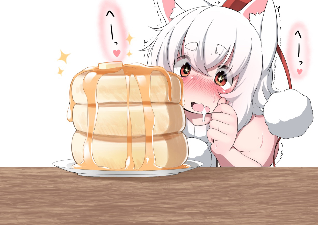 shishi juuroku, inubashiri momiji, touhou, commentary request, translation request, + +, 1girl, ^^^, animal ears, blush, butter, clenched hand, crossed bangs, drooling, fang, food, hat, heart, maple syrup, medium hair, nose blush, open mouth, pancake, pancake stack, plate, pom pom (clothes), red eyes, red hat, shirt, simple background, skin fang, sleeveless, sleeveless shirt, solo, souffle pancake, sparkle, table, tokin hat, trembling, upper body, white background, white hair, white shirt, wolf ears, wolf girl
