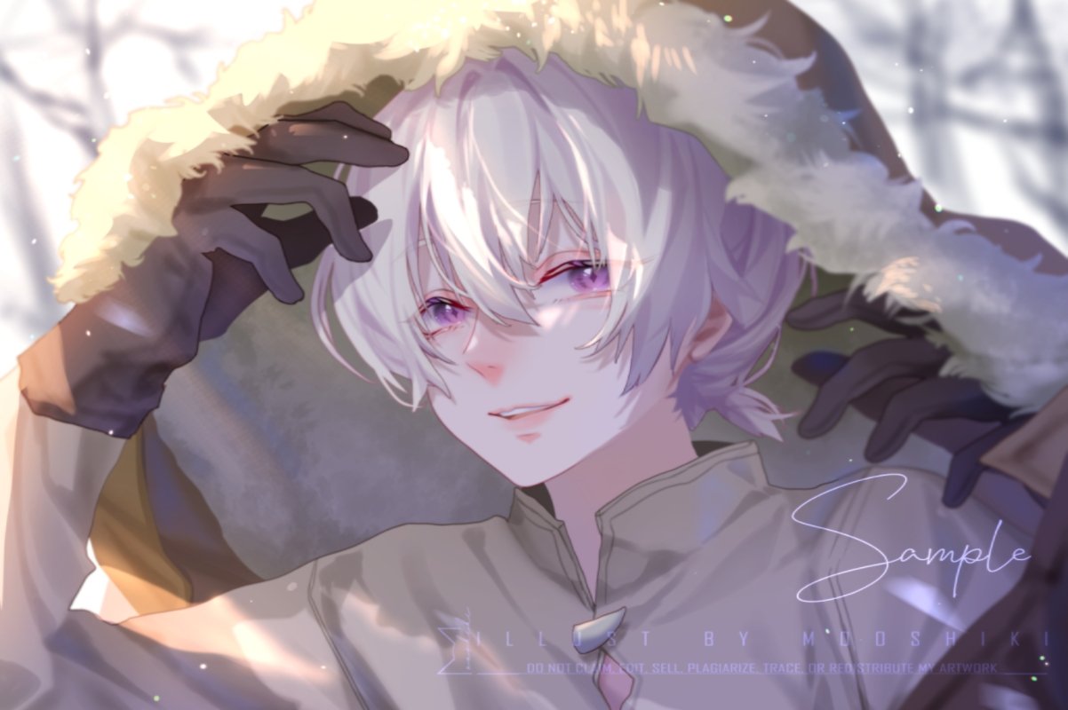 the nameless boy (fumetsu no anata e), fumetsu no anata e, commentary, english commentary, 1boy, artist name, black gloves, blurry, blurry background, brown coat, coat, day, double-parted bangs, fur-trimmed coat, fur trim, gloves, grey shirt, hair between eyes, long sleeves, looking at viewer, male focus, mooshiki, nose, outdoors, parted lips, purple eyes, sample watermark, shirt, short hair, smile, solo, upper body, watermark, white hair