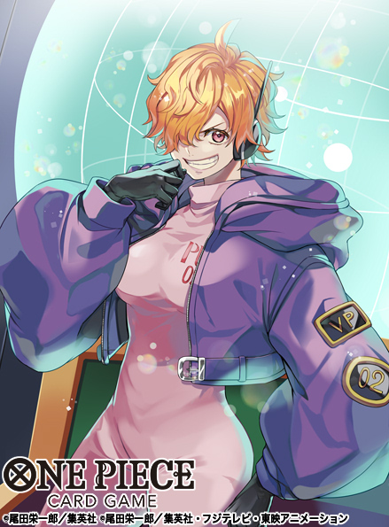 kicori, vegapunk lilith, one piece, one piece card game, commentary request, official art, 1girl, black gloves, bodysuit, clenched teeth, copyright name, cowboy shot, cropped jacket, gloves, hair over one eye, headphones, hood, hooded jacket, jacket, looking at viewer, pink bodysuit, purple jacket, short hair, smile, solo, teeth, turtleneck, turtleneck bodysuit