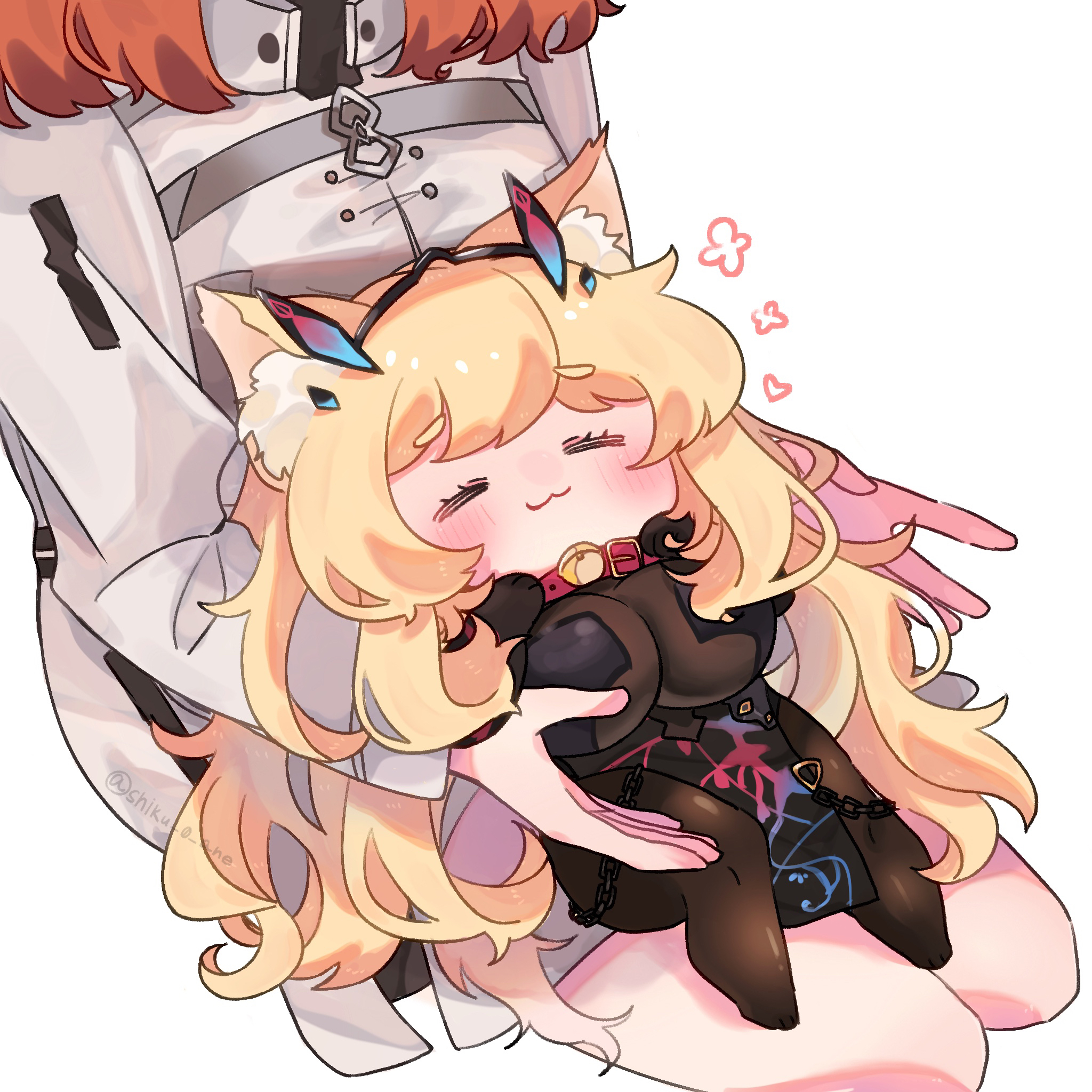 shigure (ffrh7824), barghest (fate), barghest (second ascension) (fate), fujimaru ritsuka (female), fate/grand order, fate (series), commentary, highres, 2girls, animal ear fluff, animal ears, bell, blonde hair, blush, breasts, cat ears, chaldea uniform, chibi, closed eyes, full body, happy aura, large breasts, long hair, lying on person, multiple girls, neck bell, orange hair, smile