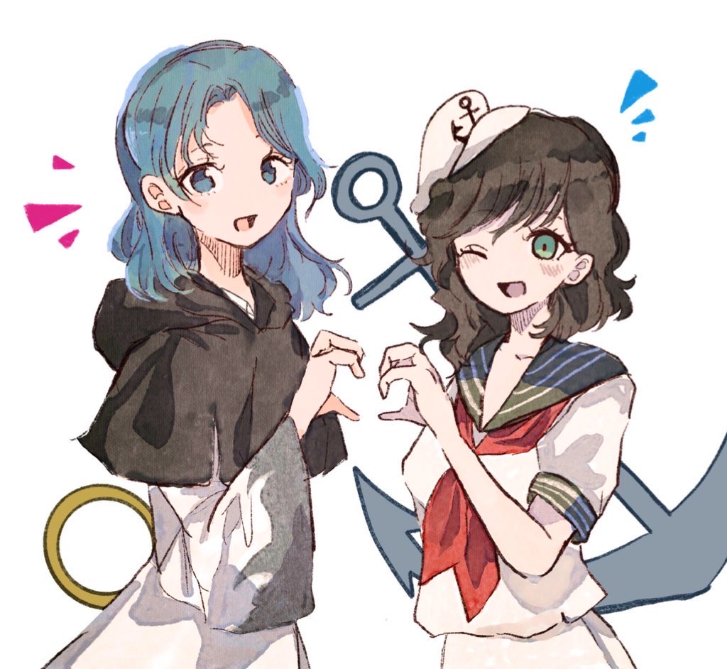 mitsusame, kumoi ichirin, murasa minamitsu, touhou, 2girls, anchor, anchor symbol, black hair, black hood, blue eyes, blue hair, collared shirt, dress, green eyes, hat, heart, heart hands, hood, hood down, jewelry, long sleeves, looking at viewer, multiple girls, neckerchief, one eye closed, red neckerchief, ring, shirt, short sleeves, simple background, upper body, white background, white dress, white hat, white shirt, yuri