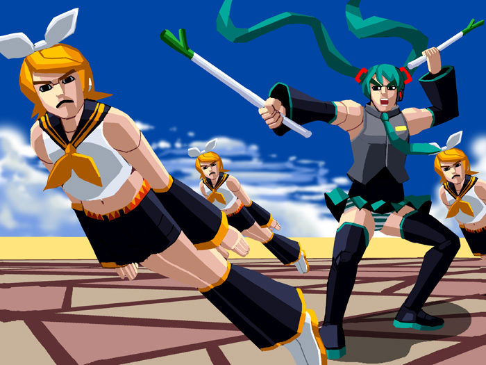 kouno (masao), hatsune miku, kagamine rin, sega, virtua fighter, vocaloid, 3d, 4girls, long hair, low poly, multiple girls, official style, panties, parody, spring onion, striped clothes, striped panties, style parody, thighhighs, underwear, very long hair, what