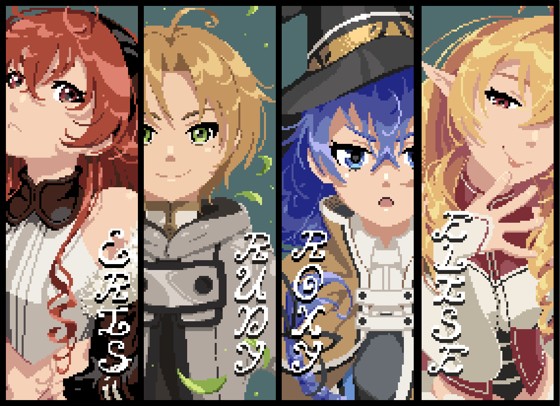 elinalise dragonroad, eris greyrat, roxy migurdia, rudeus greyrat, sylphiette (mushoku tensei), mushoku tensei, 1boy, 3girls, ahoge, blonde hair, blue hair, brown hair, elf, ely works, green eyes, hat, husband and wives, looking at viewer, multiple girls, pixel art, pointy ears, red hair, smile, witch hat