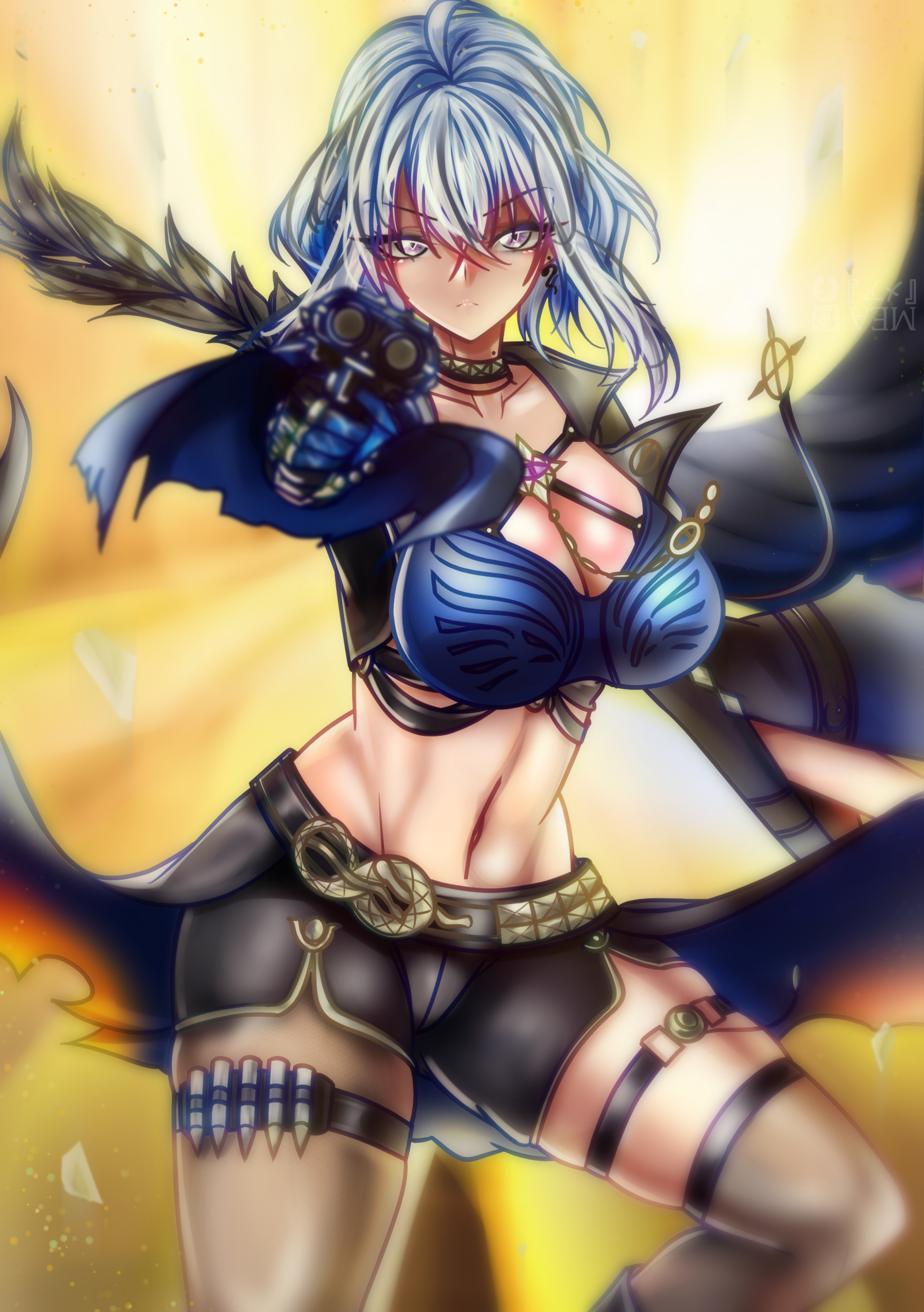 mea (manami030), galbrena (wuthering waves), wuthering waves, absurdres, commentary, english commentary, highres, 1girl, black shorts, blue gloves, breasts, bullet, choker, cleavage, crop top, gloves, grey eyes, grey hair, holding, holding weapon, holster, large breasts, looking at viewer, midriff, mole, mole on neck, navel, short hair, short shorts, shorts, solo, stomach, thigh holster, thigh strap, weapon