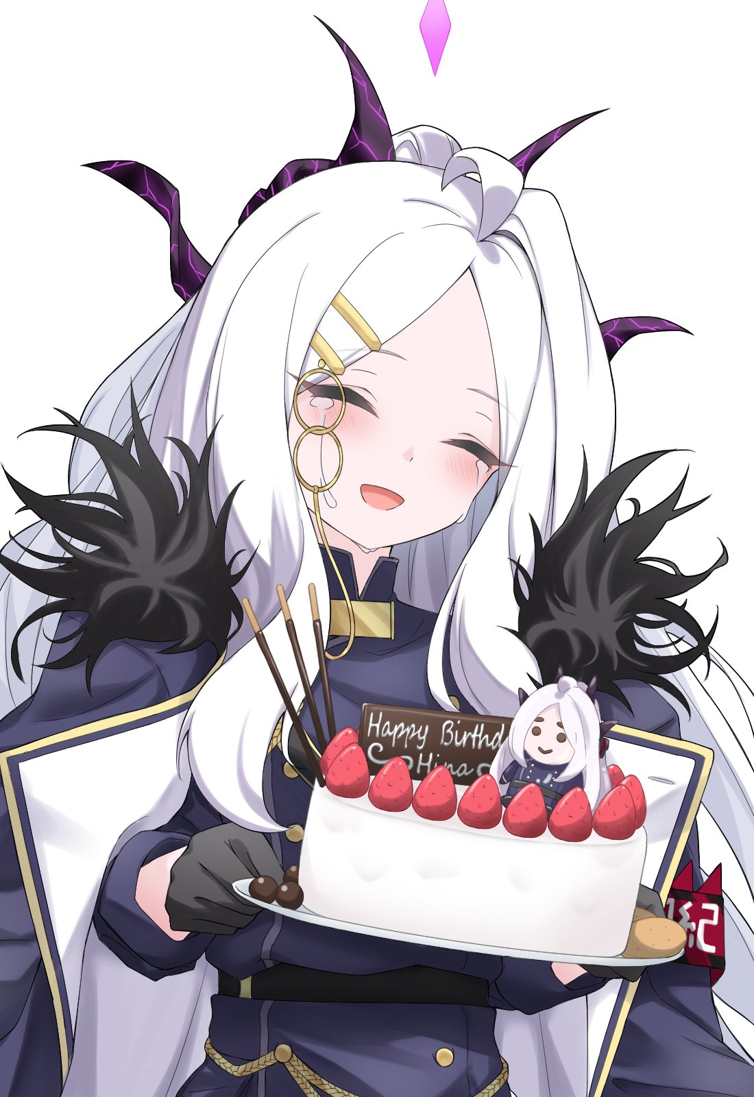 yamichi (yamichi8369), hina (blue archive), blue archive, commentary, highres, 1girl, :d, ^ ^, ahoge, armband, birthday, birthday cake, black gloves, black horns, black jacket, blush, cake, character doll, character name, closed eyes, coat, coat on shoulders, crying, demon girl, demon horns, doll, food, forehead, fruit, fur-trimmed coat, fur trim, gloves, hair ornament, hairclip, happy, happy birthday, happy tears, holding, holding cake, holding food, horns, jacket, long hair, long sleeves, multiple horns, open mouth, parallel hairclips, parted bangs, pocky, red armband, simple background, single hair intake, smile, solo, strawberry, strawberry cake, streaming tears, tears, upper body, very long hair, white background, white hair