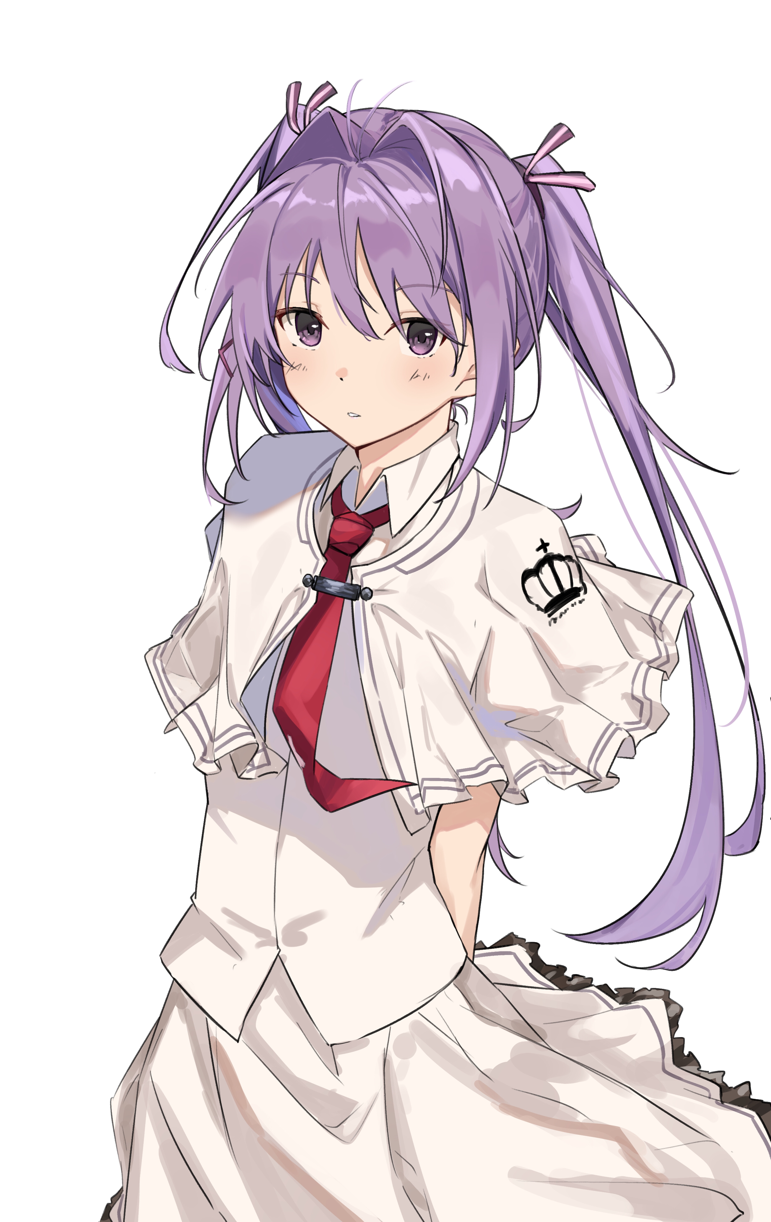 mtmosphere, wakatsuki kagami, subarashiki hibi, absurdres, commentary, highres, 1girl, antenna hair, arms behind back, blush, capelet, collared shirt, cowboy shot, frilled skirt, frills, hair between eyes, hair intakes, long hair, looking at viewer, necktie, parted lips, purple eyes, purple hair, red necktie, school uniform, shirt, sidelocks, simple background, skirt, solo, straight hair, twintails, very long hair, white background, white capelet, white shirt, white skirt