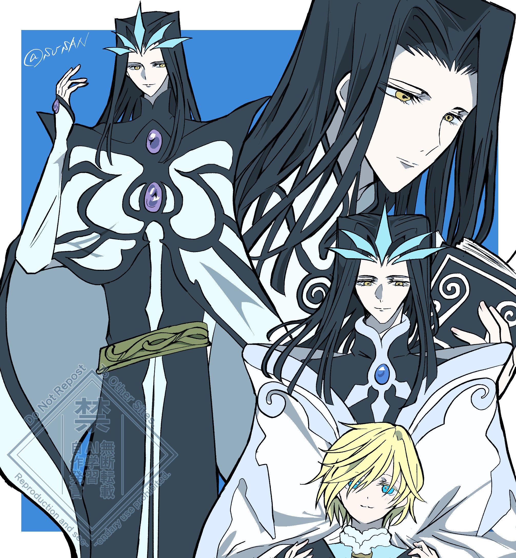 fai d. flowright, tsubasa chronicle, highres, 2boys, ashura-ou, black hair, blonde hair, blue background, book, border, cloak, dress, high collar, holding, holding book, long dress, long hair, long sleeves, male focus, multiple boys, short hair, suuuila, white border, yellow eyes