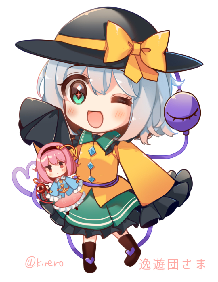 kirero, komeiji koishi, komeiji satori, touhou, 2girls, ;d, black hairband, black hat, blue shirt, blush, bow, buttons, chibi, chibi only, collared shirt, diamond button, floral print, frilled shirt collar, frilled skirt, frilled sleeves, frills, full body, green eyes, green shirt, hair ornament, hairband, hat, hat bow, hat ribbon, heart, heart hair ornament, heart of string, long sleeves, looking at viewer, multiple girls, one eye closed, open mouth, pink hair, pink skirt, pink slippers, ribbon, rose print, shirt, short hair, siblings, simple background, sisters, skirt, sleeves past fingers, sleeves past wrists, slippers, smile, socks, third eye, twitter username, white background, white socks, yellow bow, yellow eyes, yellow shirt