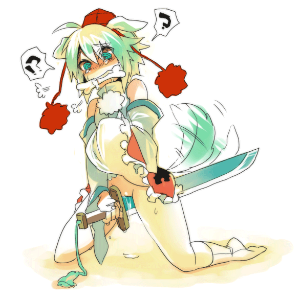 inubashiri momiji, touhou, 1girl, @ @, animal ears, bone, bottomless, crotch rub, female focus, female masturbation, hat, masturbation, pussy, pussy juice, solo, sword, tail, tail wagging, uncensored, weapon, wolf ears, wolf tail