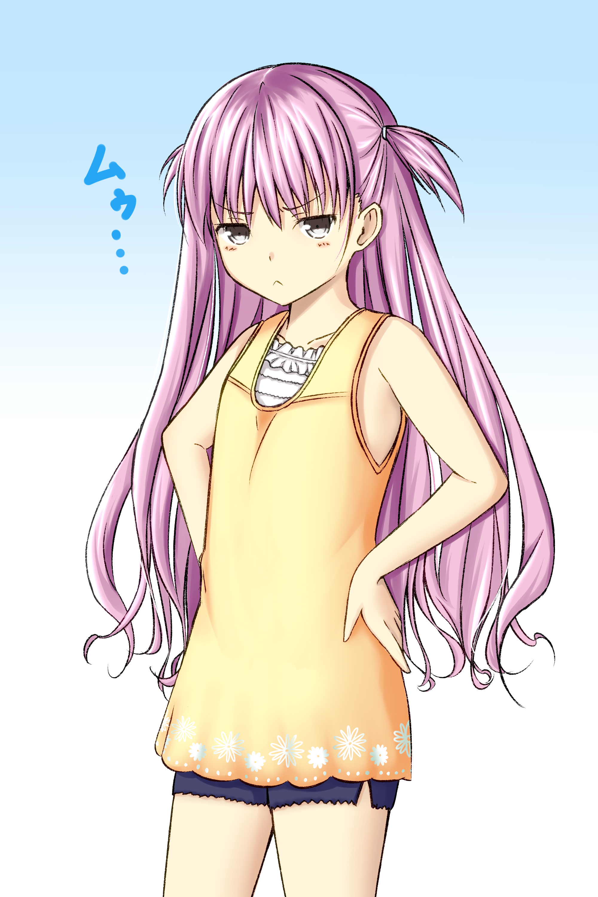 asagi nanami, katou umi, summer pockets, absurdres, commentary request, highres, 1girl, :<, bare arms, blue background, blue shorts, blush stickers, closed mouth, collarbone, cowboy shot, floral print, floral print shirt, frilled shirt, frills, frown, gradient background, grey eyes, hair between eyes, hands on own hips, long hair, looking at viewer, orange shirt, pink hair, pout, print shirt, shirt, shorts, simple background, sleeveless, sleeveless shirt, solo, sound effects, straight hair, two side up, v-shaped eyebrows, very long hair, white background