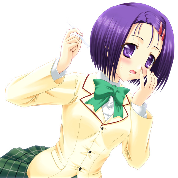 yaoyorozu-kobo, sairenji haruna, to love-ru, 00s, 1girl, blush, board game, female focus, holding tenbou, mahjong, plaid clothes, plaid skirt, purple eyes, purple hair, rod, school uniform, serafuku, short hair, skirt, solo, tenbou, thighhighs, zettai ryouiki