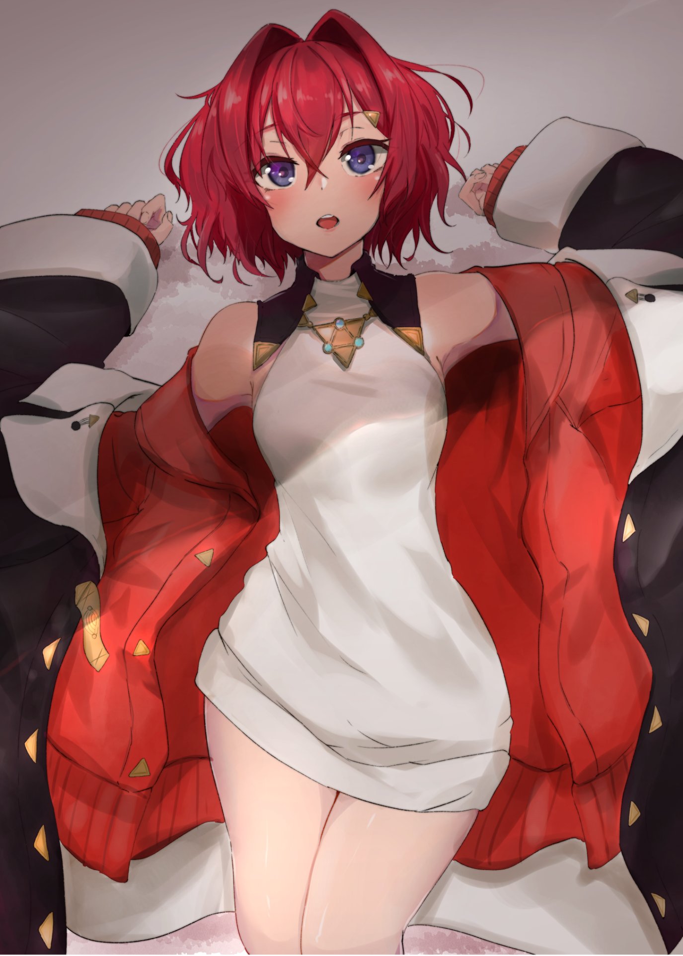 moment (moment 607), ange katrina, ange katrina (1st costume), nijisanji, commentary, highres, 1girl, armpits, bare shoulders, black coat, blue eyes, blush, breasts, cardigan, coat, collared dress, cowboy shot, crossed bangs, dress, hair between eyes, hair intakes, hair ornament, long bangs, looking at viewer, lying, messy hair, on back, open cardigan, open clothes, open coat, open mouth, red cardigan, red hair, short dress, short hair, sleeveless, sleeveless dress, sleeves past wrists, small breasts, solo, teeth, triangle hair ornament, upper teeth only, virtual youtuber, white dress