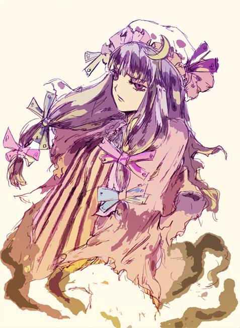 shippori, shishou, patchouli knowledge, touhou, bad id, bad pixiv id, 1girl, bow, female focus, hair ribbon, hat, long hair, pink bow, purple eyes, purple hair, ribbon, solo, twintails