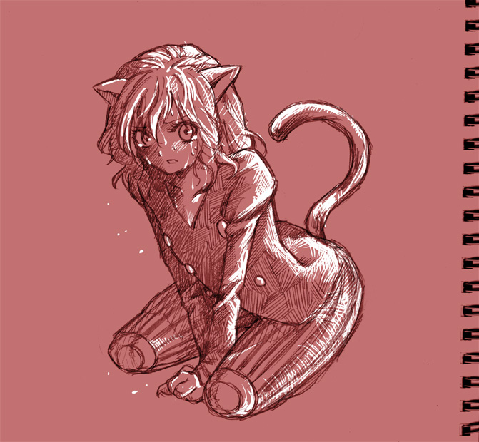 shippori, shishou, neferpitou, hunter x hunter, bad id, bad pixiv id, 1boy, androgynous, animal ears, male focus, monochrome, other focus, pink theme, sitting, sketch, solo, sweat, tail, trap