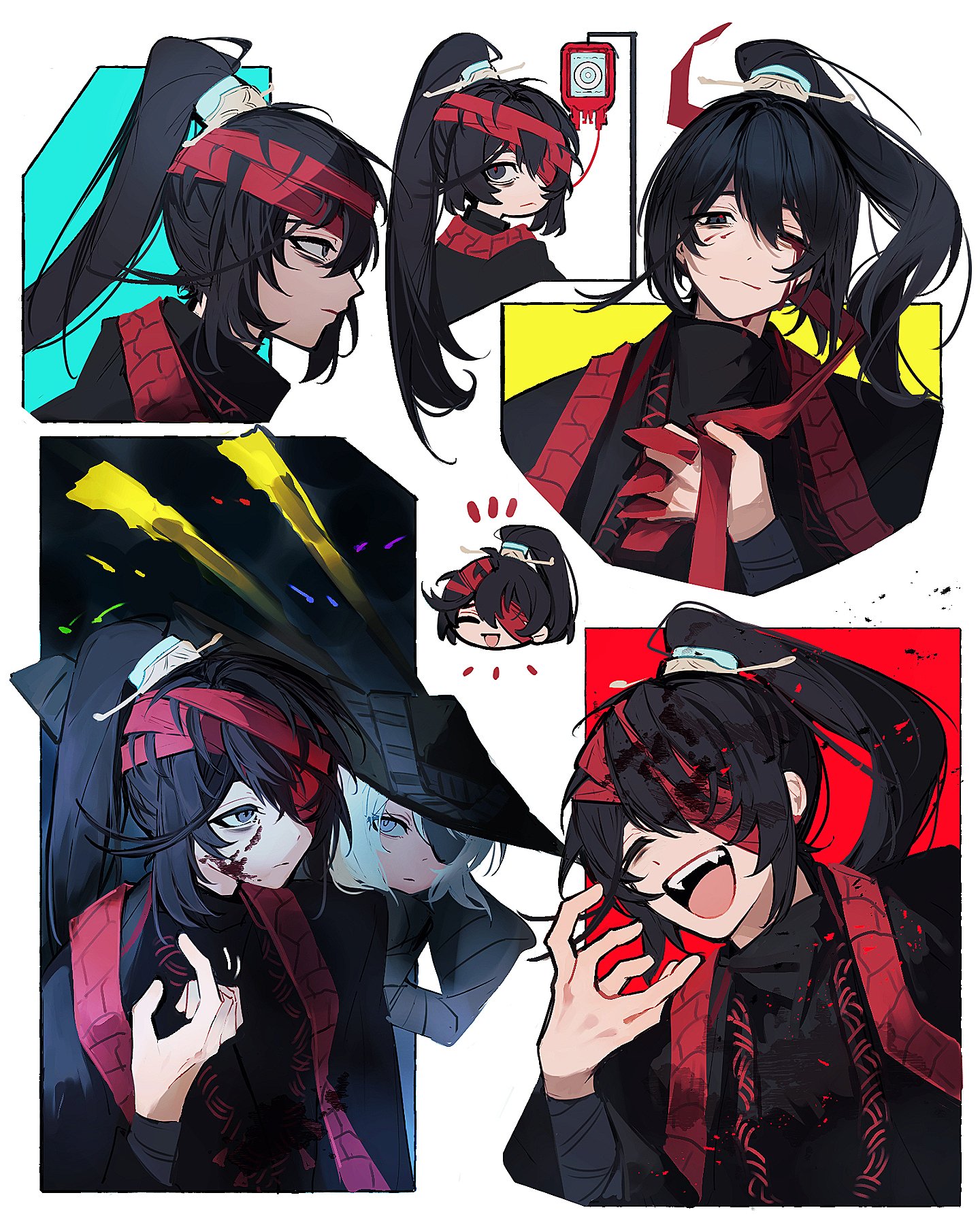 nakame77, faust (project moon), hong lu (project moon), limbus company, project moon, highres, 1boy, 1girl, bandage over one eye, black eyes, black hair, black hanfu, blood, blue eyes, chinese clothes, closed eyes, conical hat, family hierarch candidate (identity) (project moon), grey scarf, hanfu, hat, high ponytail, laughing, long hair, looking at viewer, male focus, multiple views, ponytail, red bandage, rice hat, rope belt, scarf, simple background, solo focus, upper body, white background, white hair, xiao guan (headdress)